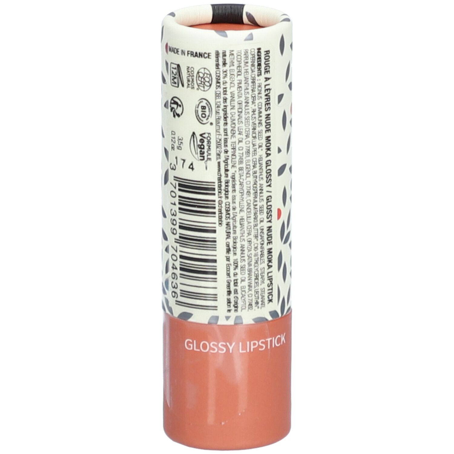 Emballage de rouge à lèvres. Charlotte Bio, Rouge à lèvres Glossy. Cylindrique, imprimé floral, marron. Texte.