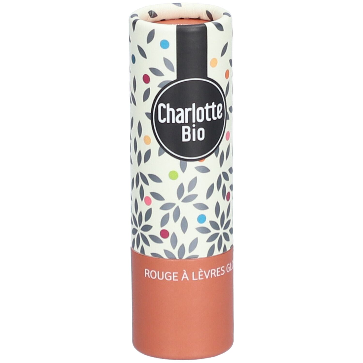 Emballage de rouge à lèvres. Charlotte Bio, Rouge à lèvres Glossy. Cylindrique, imprimé floral, teinte marron.
