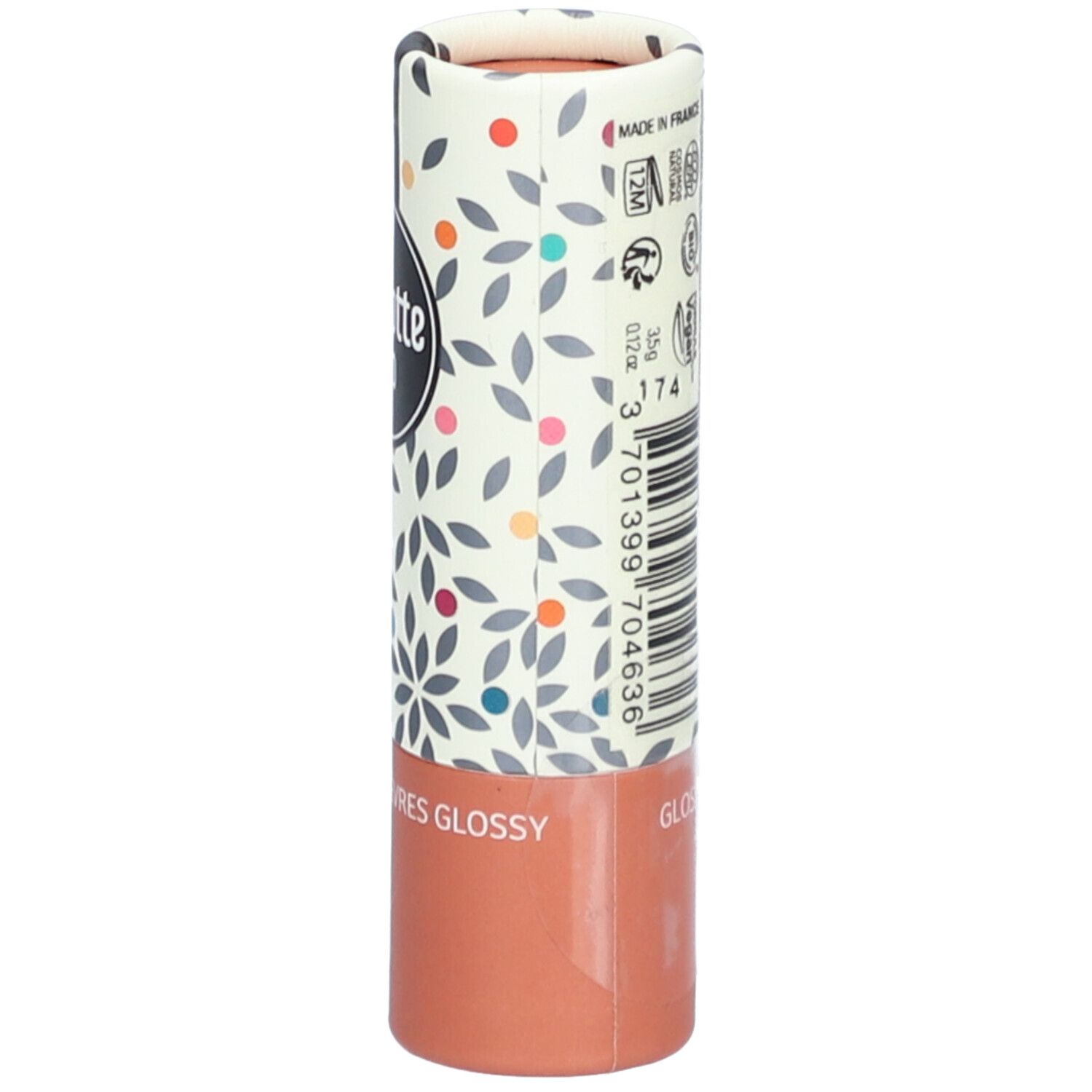 Emballage de rouge à lèvres. Charlotte Bio, Rouge à lèvres Glossy. Cylindrique, imprimé floral, marron. Texte.