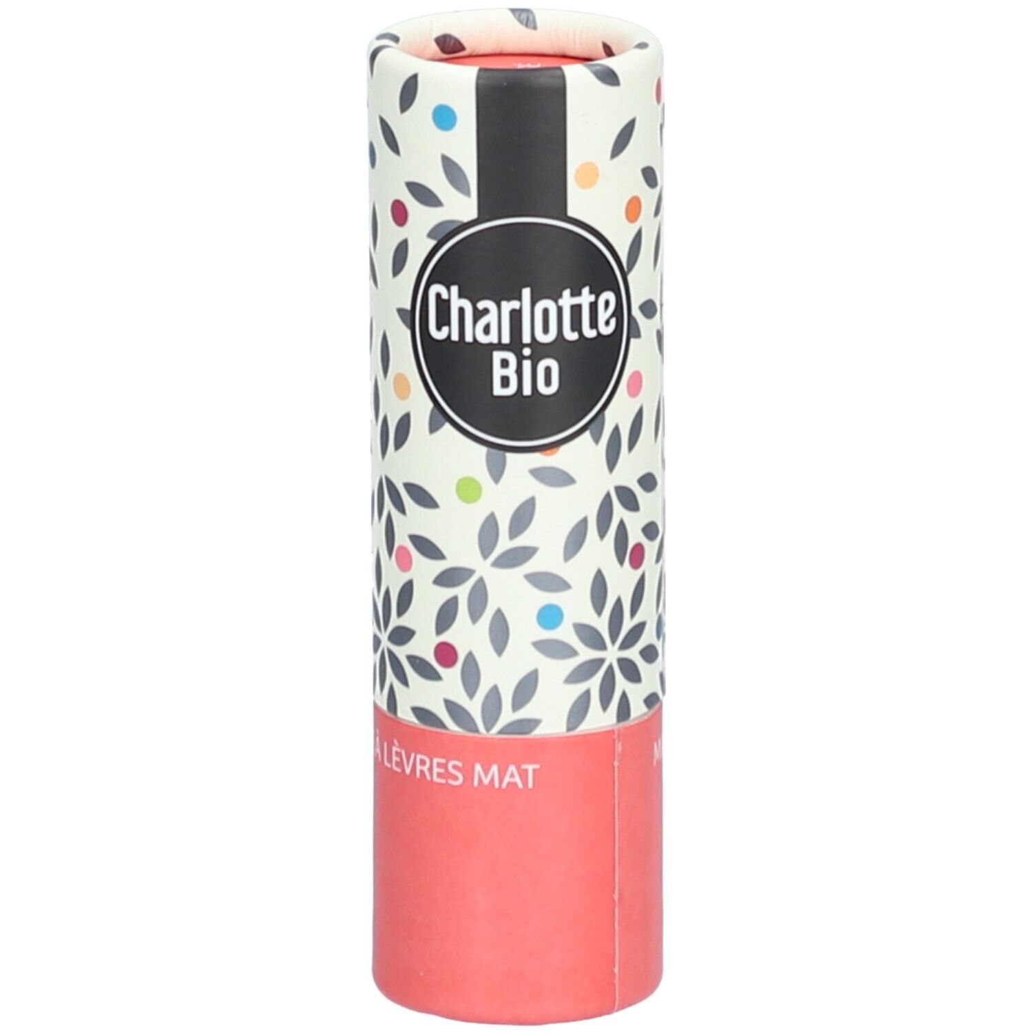 Emballage cylindrique avec motif floral et logo. Partie inférieure rose, inscription 'Rouge à lèvres mat'.