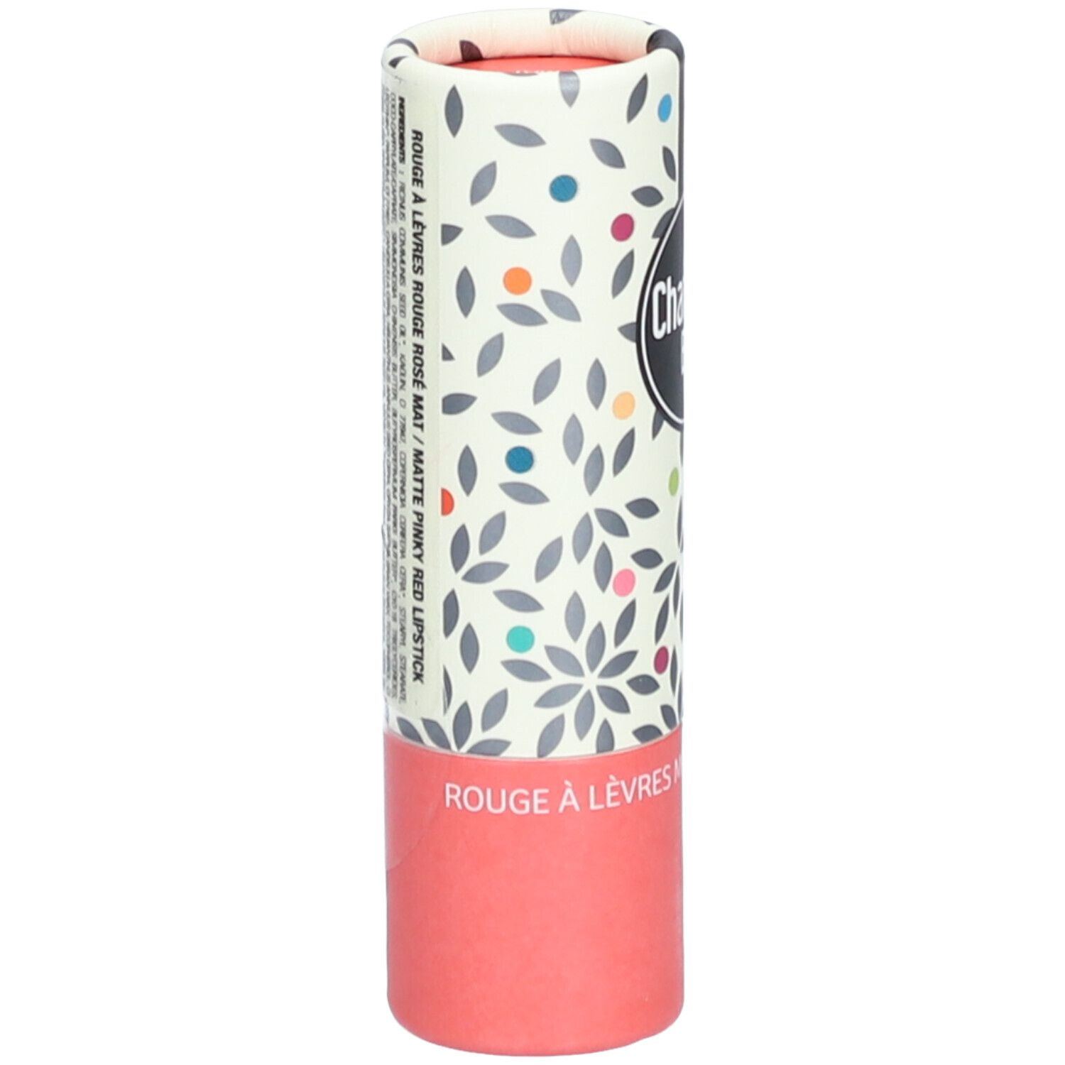 Emballage cylindrique avec motif floral et logo. Texte: 'Rouge à lèvres rose mat'.
