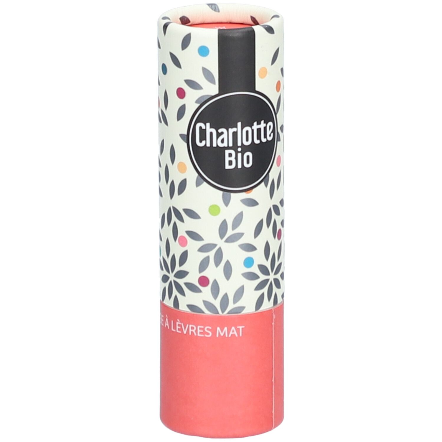 Emballage cylindrique avec motif floral et logo. Partie inférieure rose, inscription 'Rouge à lèvres mat'.