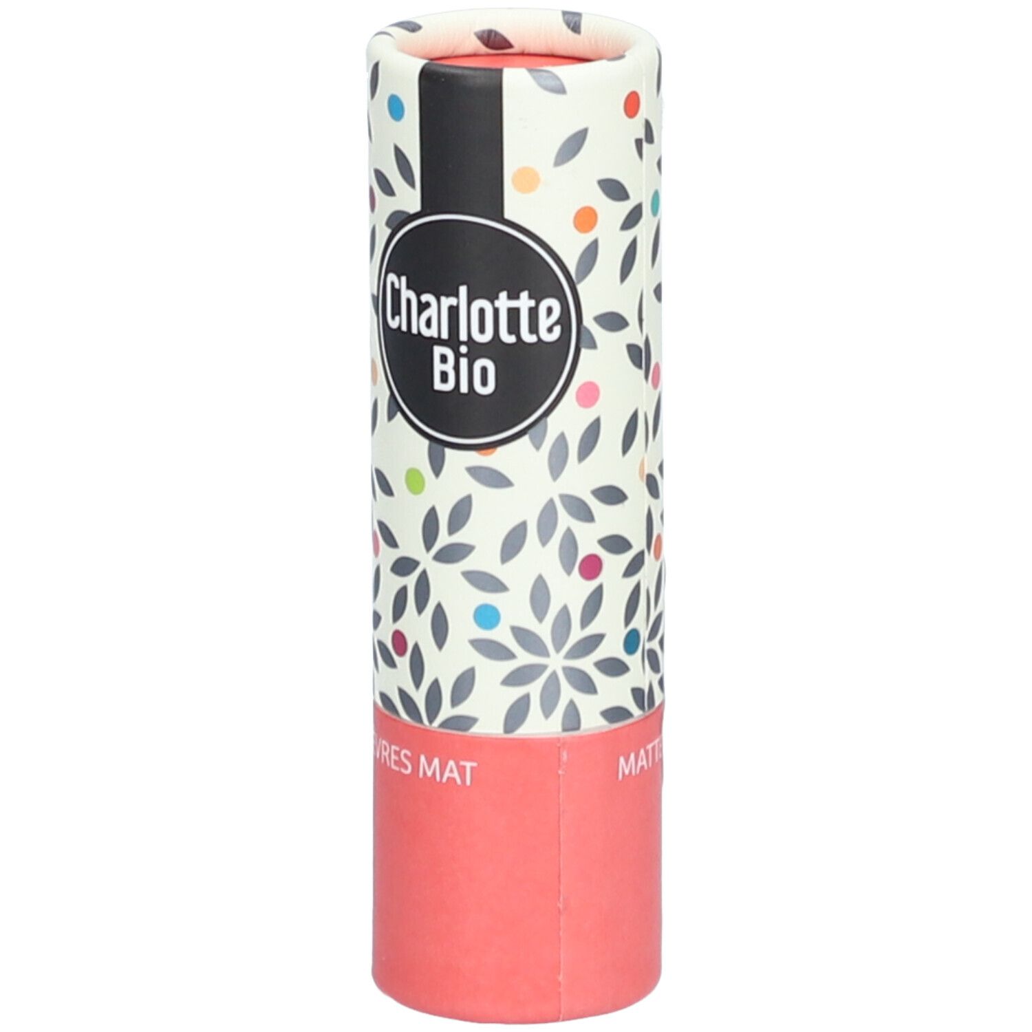 Emballage cylindrique avec motif floral et logo. Partie inférieure rose, inscription 'MAT'.