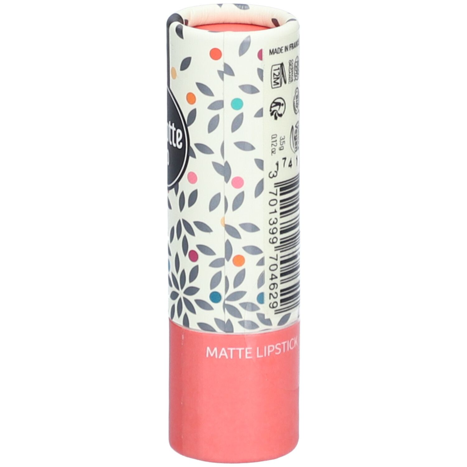 Emballage cylindrique avec motif floral. Texte: 'Made in France', symbole 12M, 'MATTE LIPSTICK'.