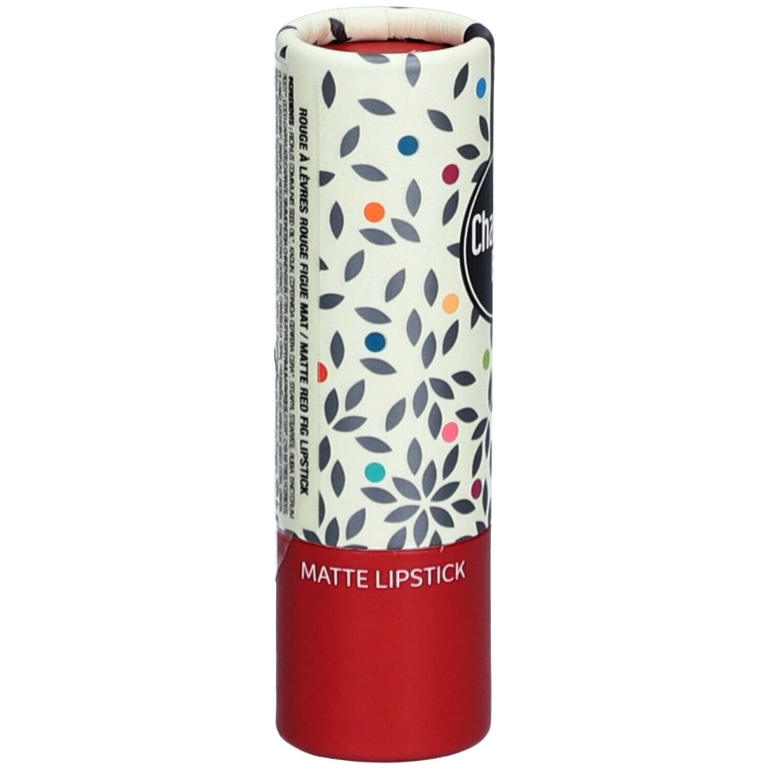 Emballage de rouge à lèvres. Cylindre avec motif floral et base rouge. Texte: Matte Lipstick.