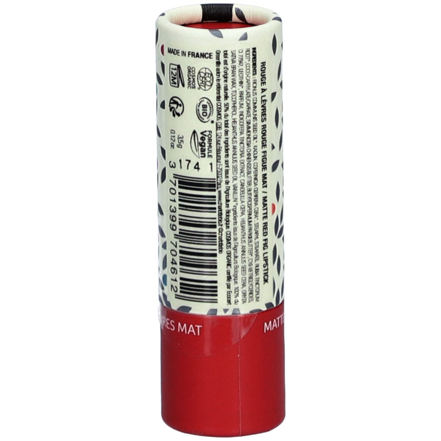 Emballage de rouge à lèvres. Cylindre avec motif floral et base rouge. Texte et logos.