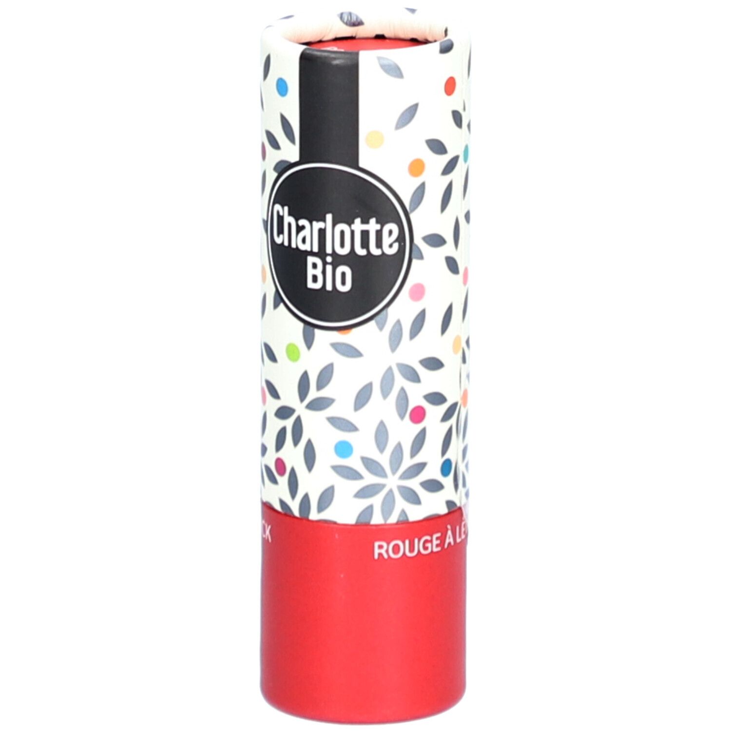Emballage de rouge à lèvres. Cylindre avec motif floral et base rouge. Logo: Charlotte Bio.