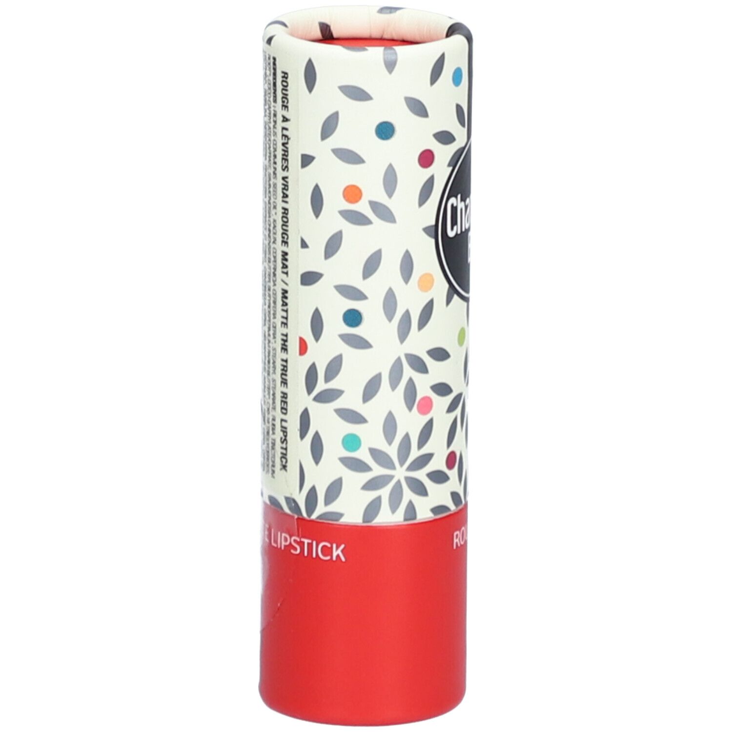 Emballage de rouge à lèvres cylindrique, rouge et blanc avec motif floral. Texte: Rouge à Lèvres Vrai Rouge Mat. Charlotte Bio.