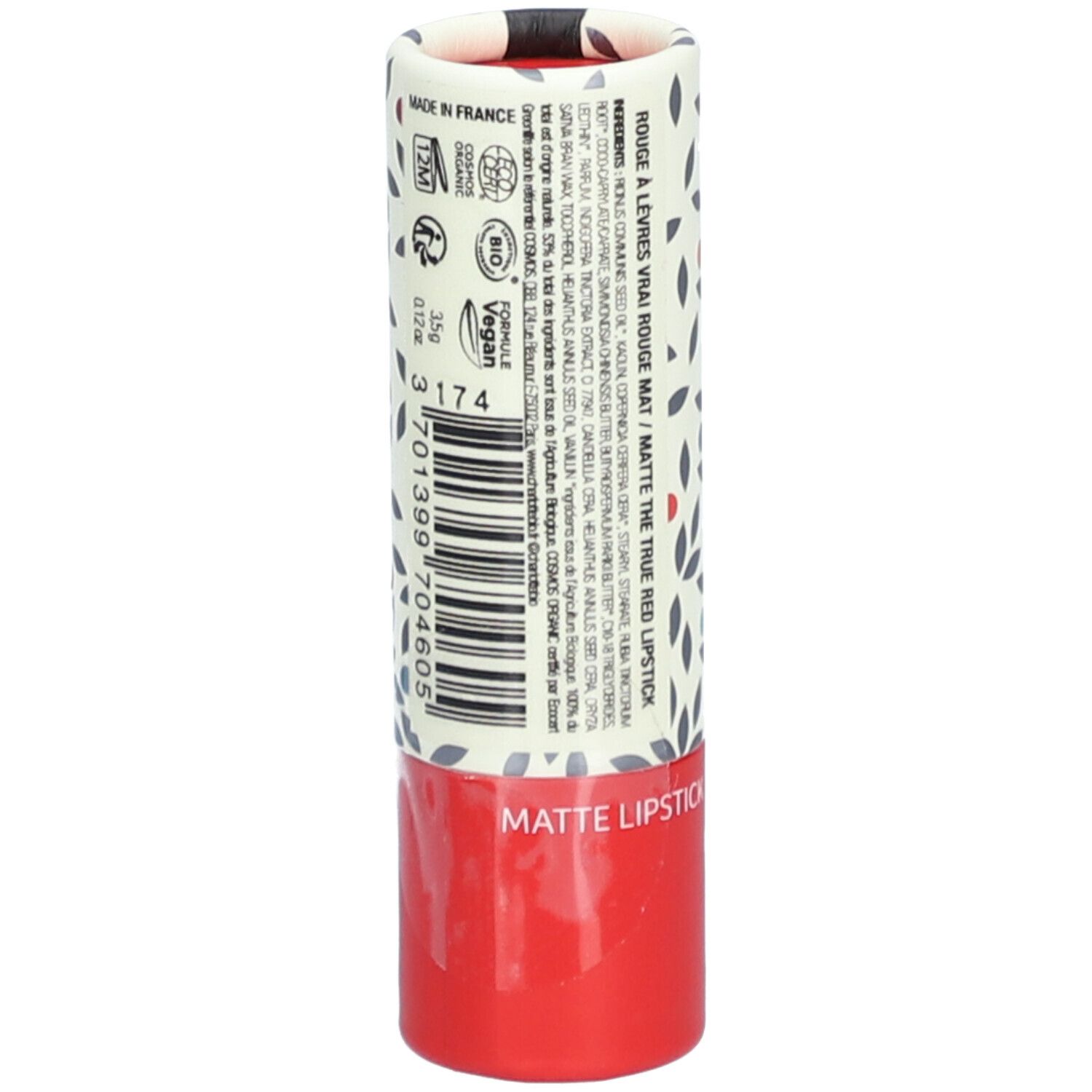 Emballage de rouge à lèvres avec texte et logos. Texte: Rouge à Lèvres Mat. Ingrédients, label bio, logo vegan. Fabriqué en France.