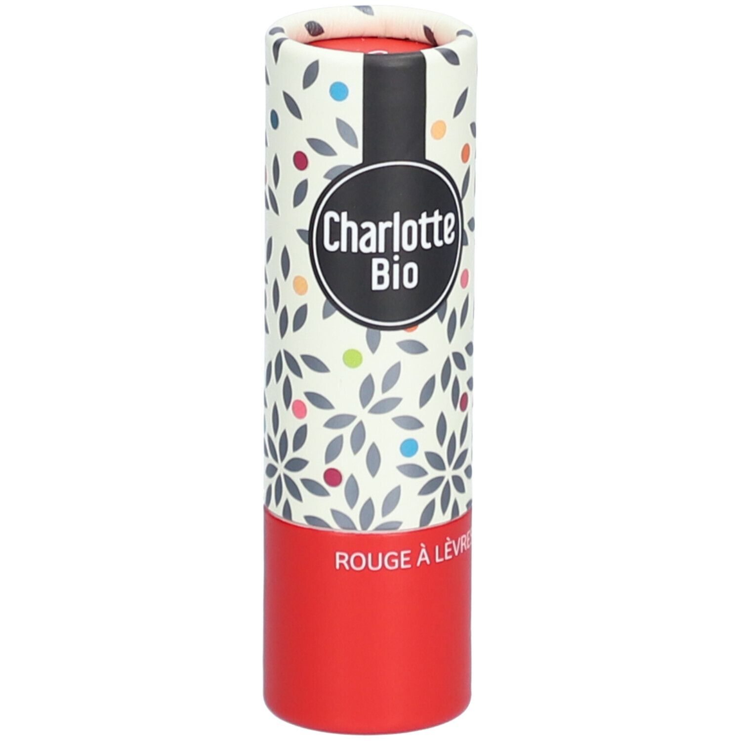 Emballage de rouge à lèvres cylindrique, rouge et blanc avec motif floral. Logo: Charlotte Bio. Texte: Rouge à Lèvres.