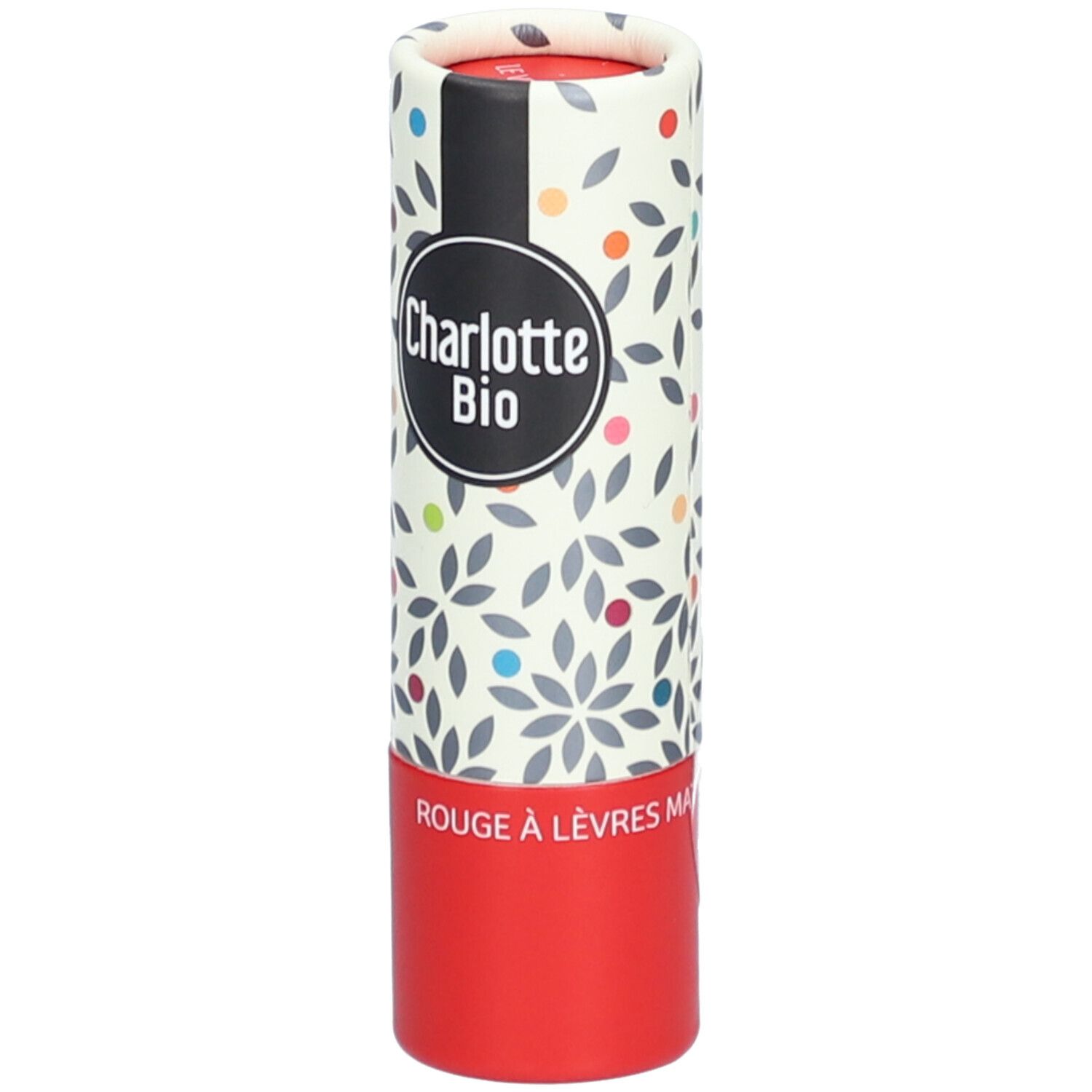 Emballage de rouge à lèvres cylindrique, rouge et blanc avec motif floral. Logo: Charlotte Bio. Texte: Rouge à Lèvres Mat.