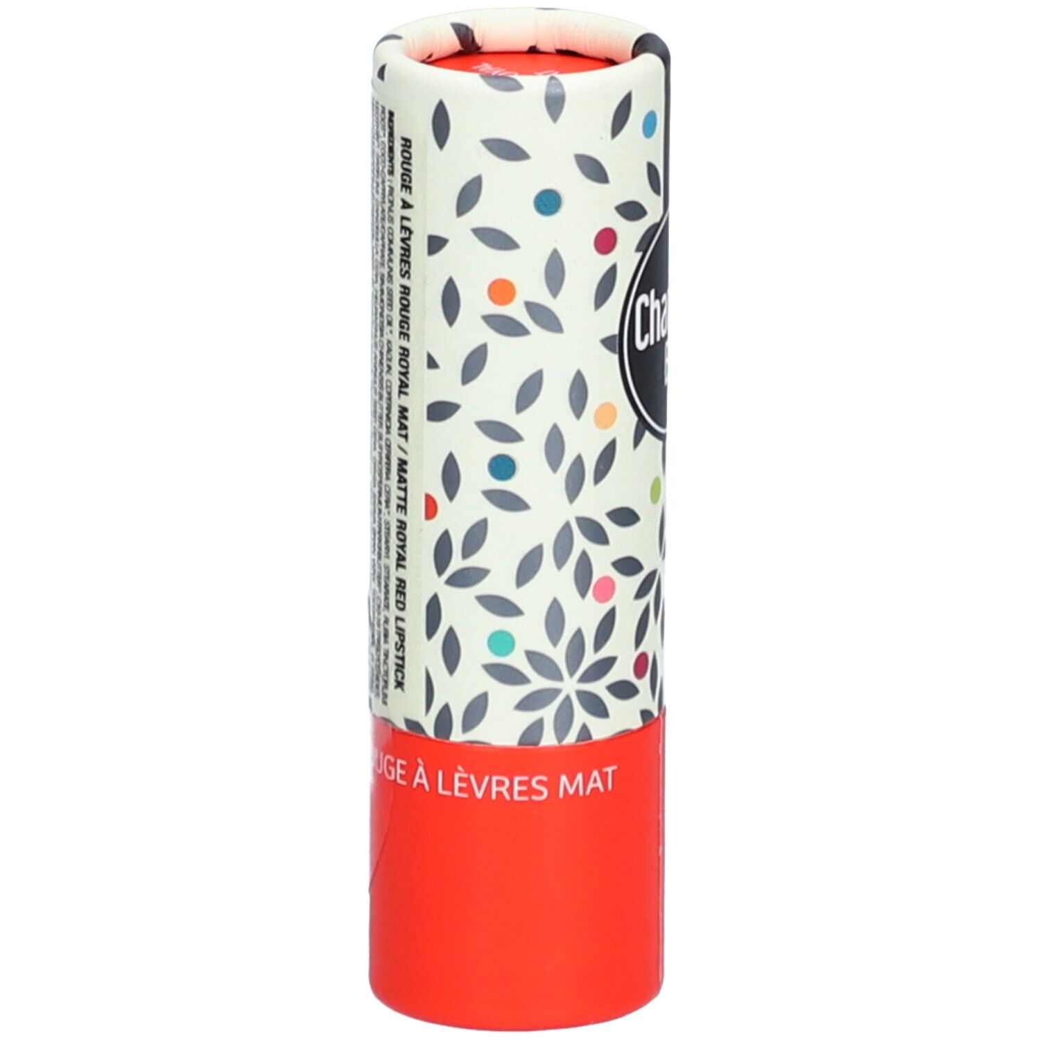 Emballage de rouge à lèvres. Cylindrique, floral, rouge. Texte: Rouge à lèvres mat, Rouge Royal.