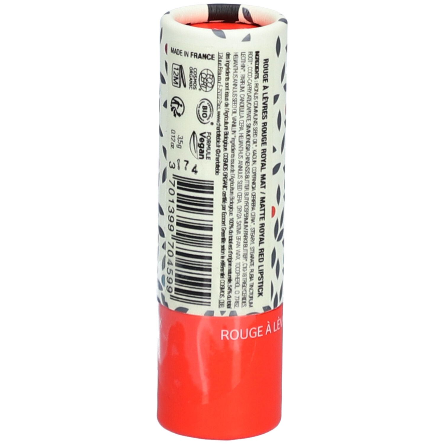 Emballage de rouge à lèvres. Cylindrique, floral, rouge. Texte: Ingrédients, Vegan, certification Bio.