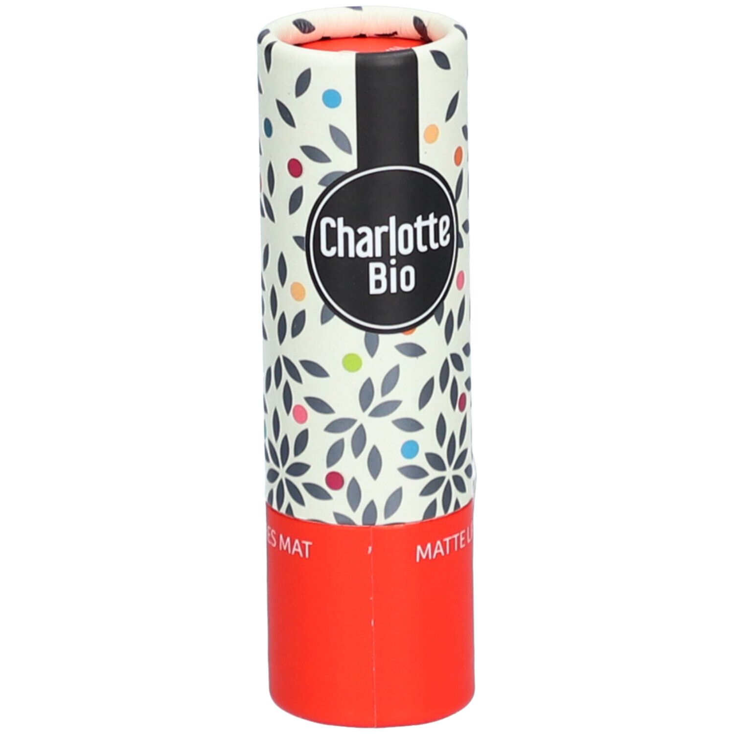 Emballage de rouge à lèvres. Cylindrique, floral, rouge. Logo: Charlotte Bio. Texte: Matte Lips.