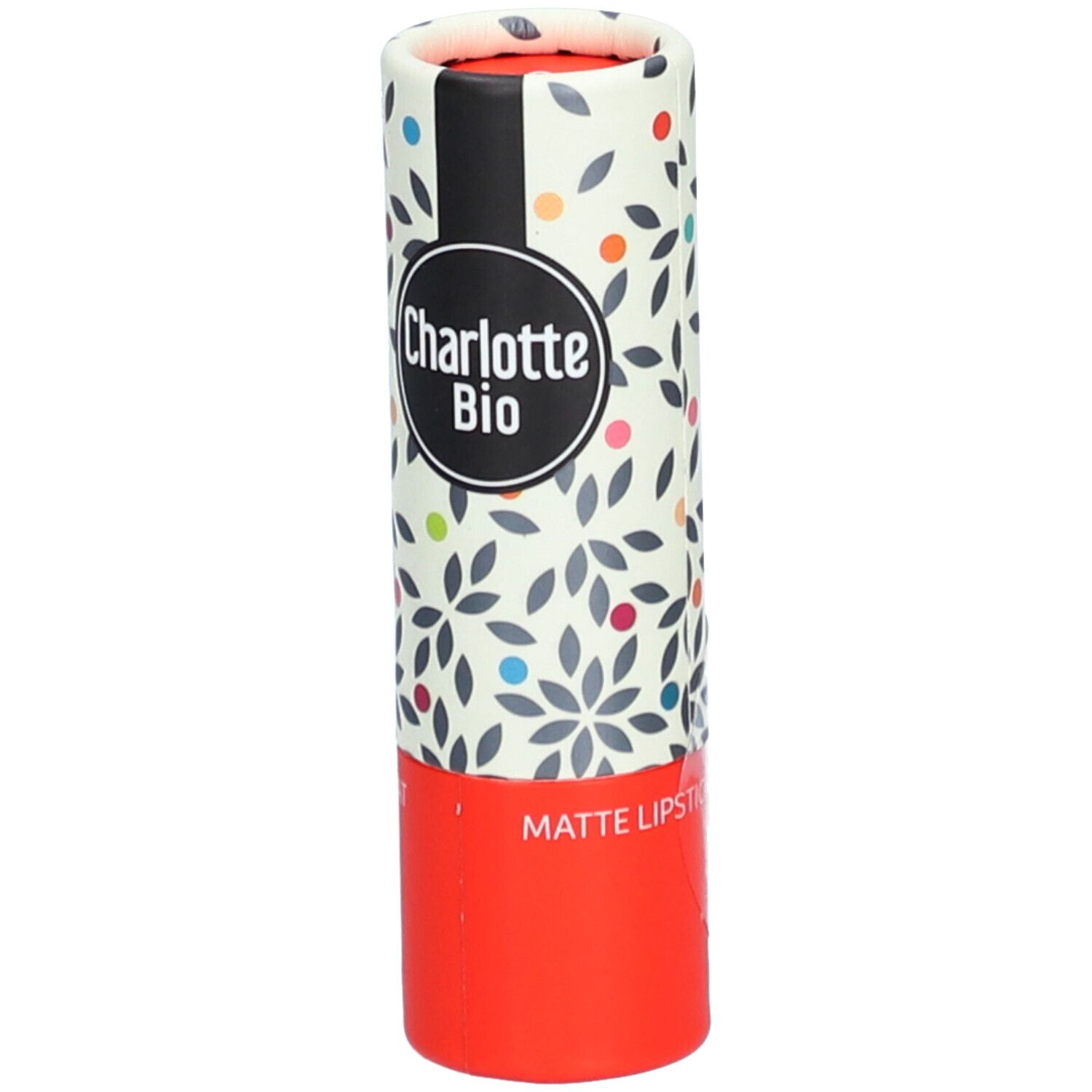Emballage de rouge à lèvres. Cylindrique, floral, rouge. Logo: Charlotte Bio. Texte: Matte Lipstick.