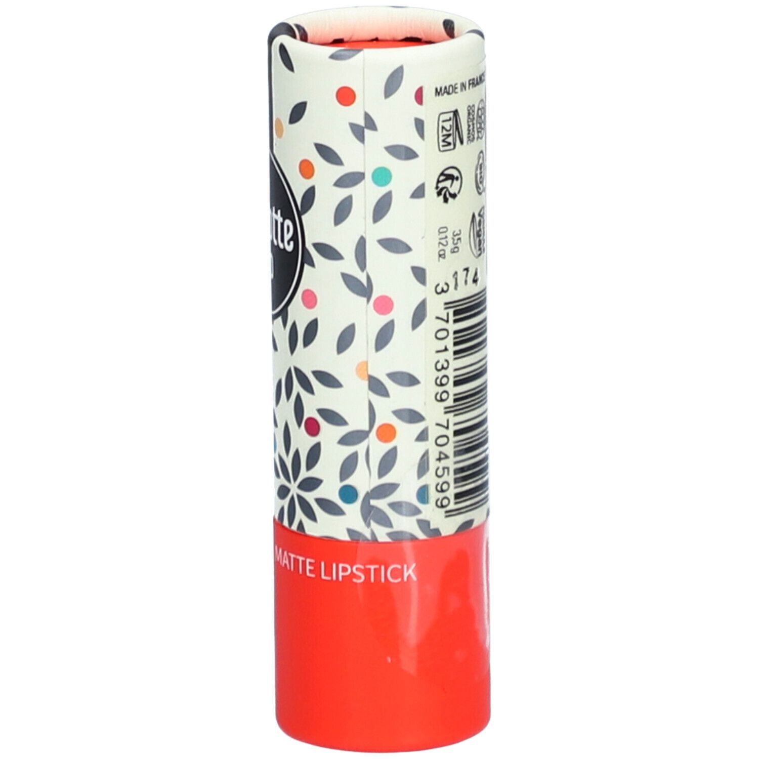 Emballage de rouge à lèvres. Cylindrique, floral, rouge. Texte: Ingrédients, Vegan, certification Bio.