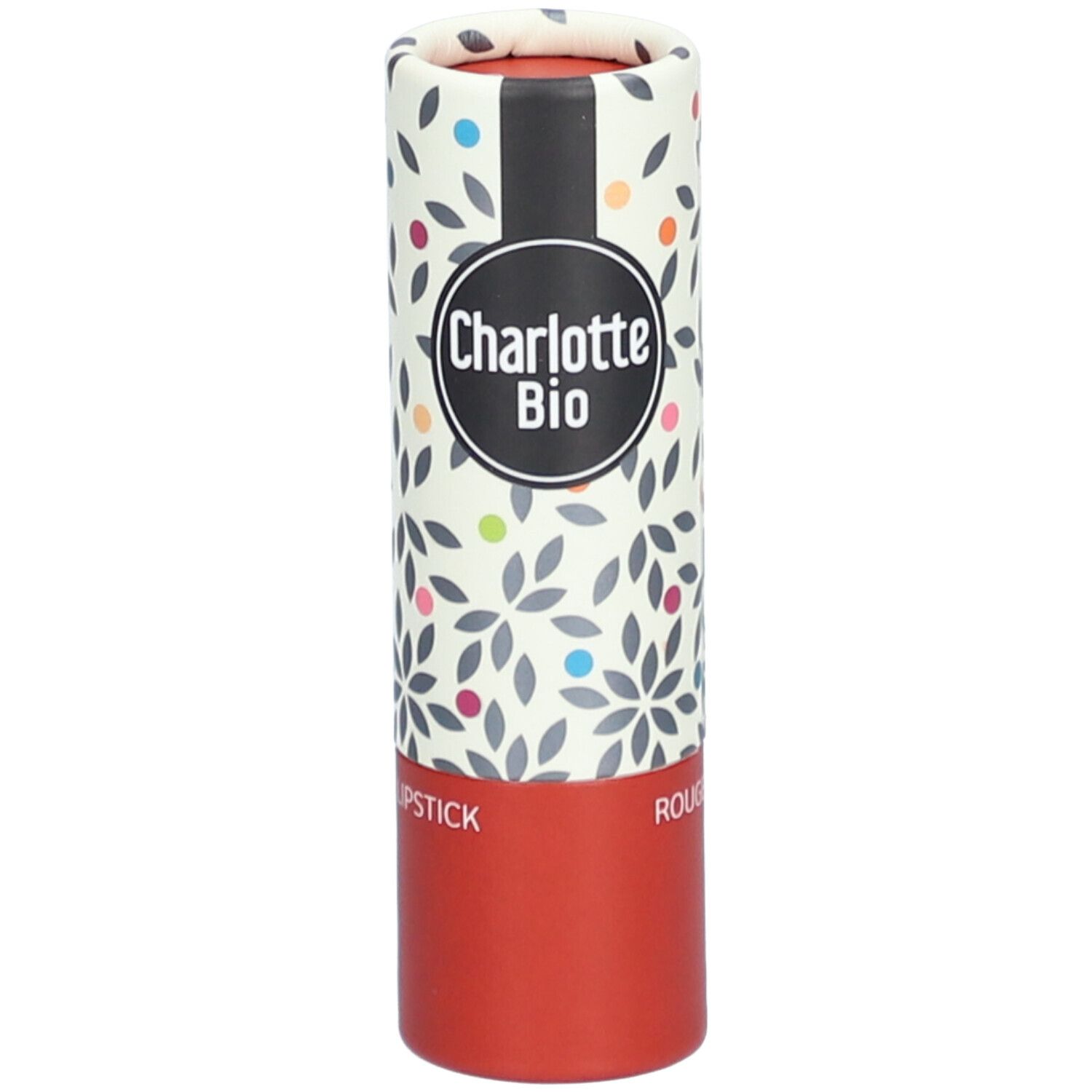 Emballage de rouge à lèvres. Cylindrique, rouge et crème avec motif floral et logo. Marque: Charlotte Bio.