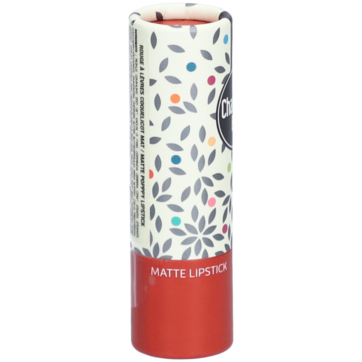 Emballage de rouge à lèvres. Cylindrique, rouge et crème avec motif floral. Inscription: Matte Lipstick.