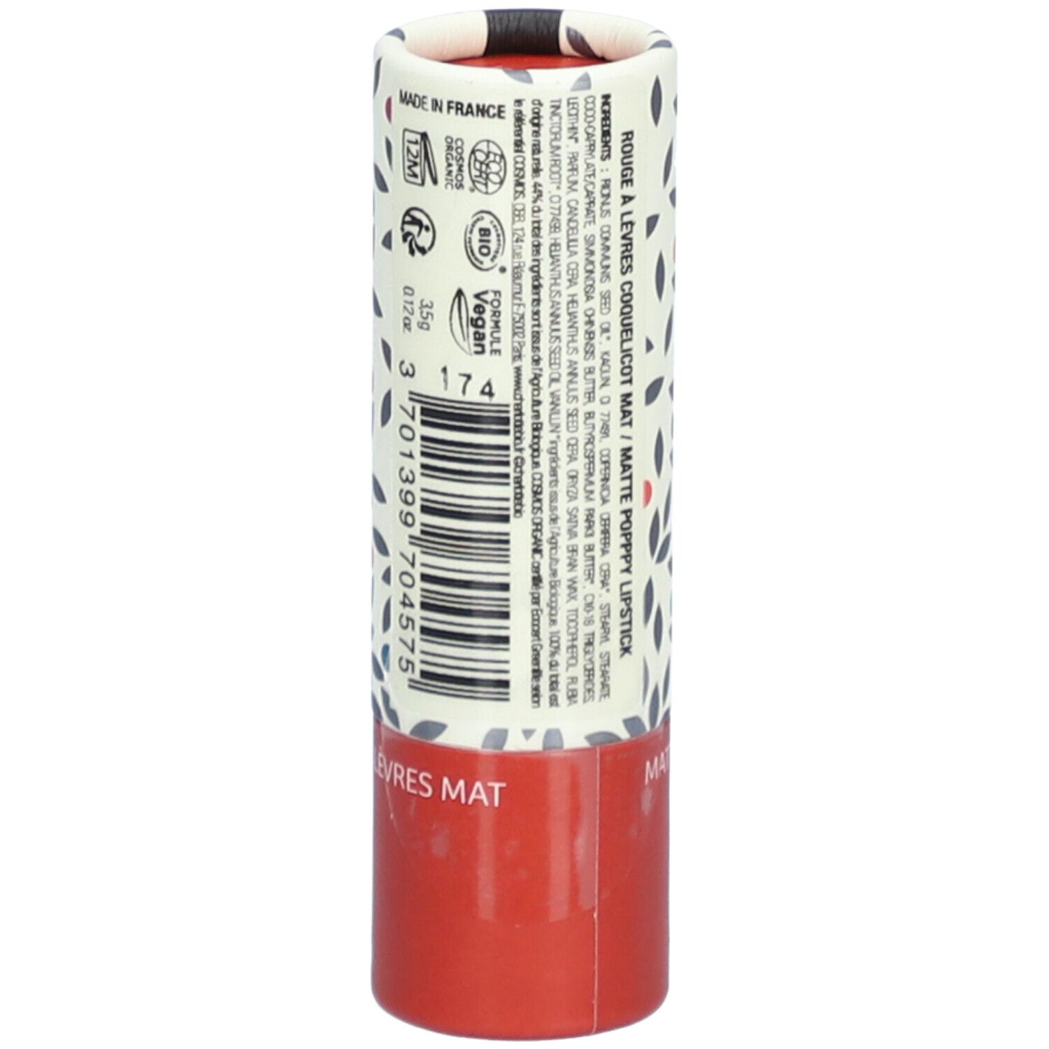 Emballage de rouge à lèvres. Cylindrique, rouge et crème avec motif floral. Texte et code-barres au dos.