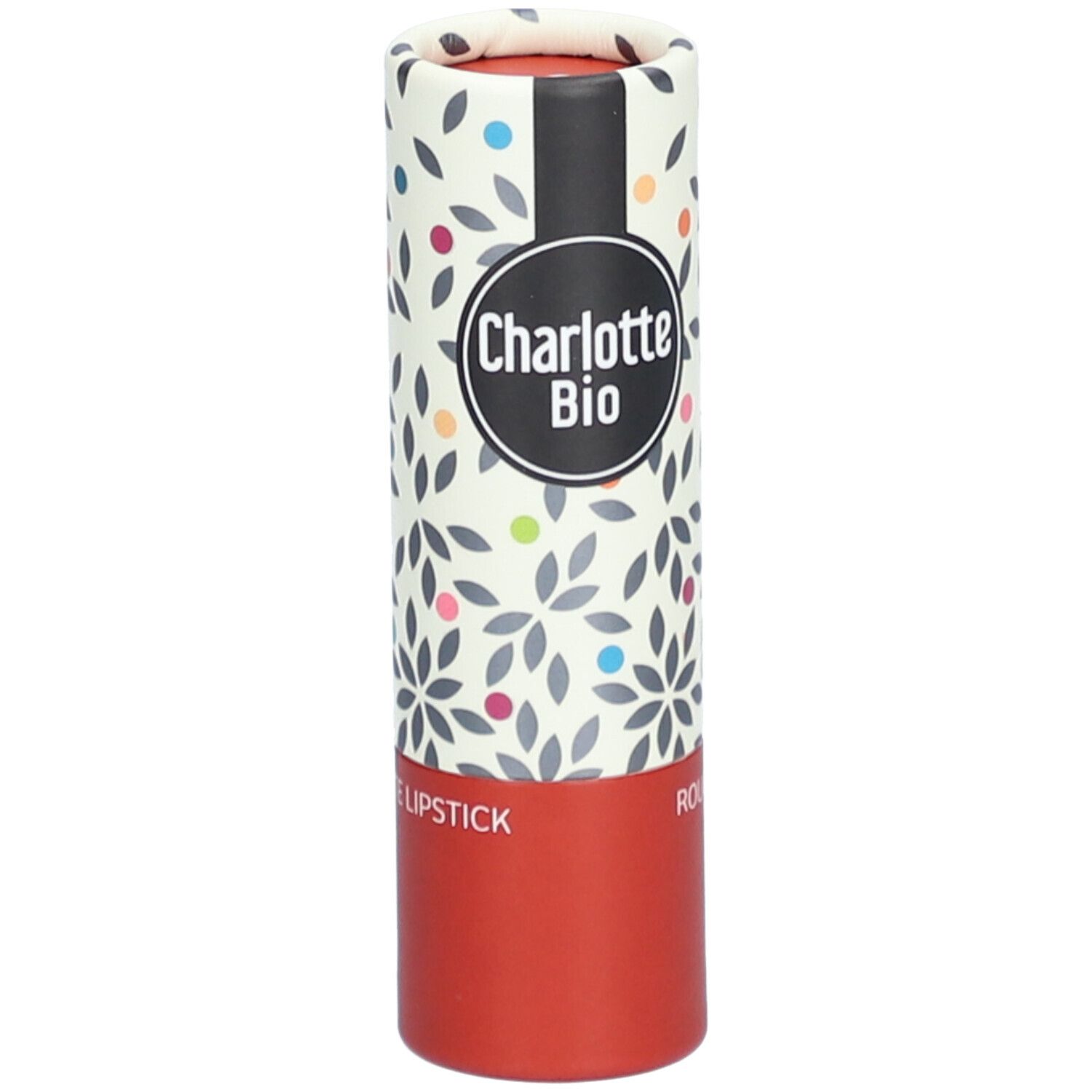 Emballage de rouge à lèvres. Cylindrique, rouge et crème avec motif floral et logo. Marque: Charlotte Bio.