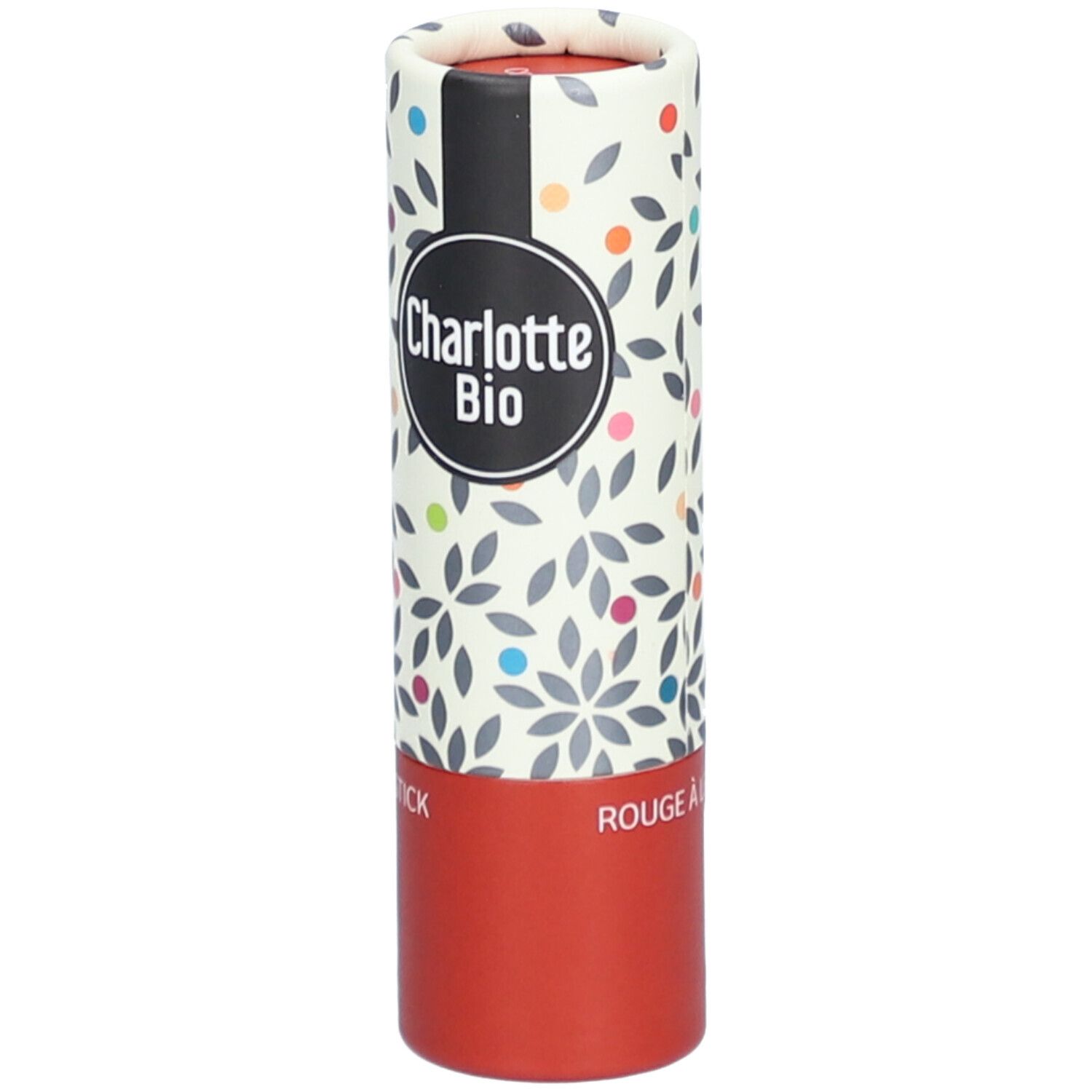 Emballage de rouge à lèvres. Cylindrique, rouge et crème avec motif floral et logo. Marque: Charlotte Bio.