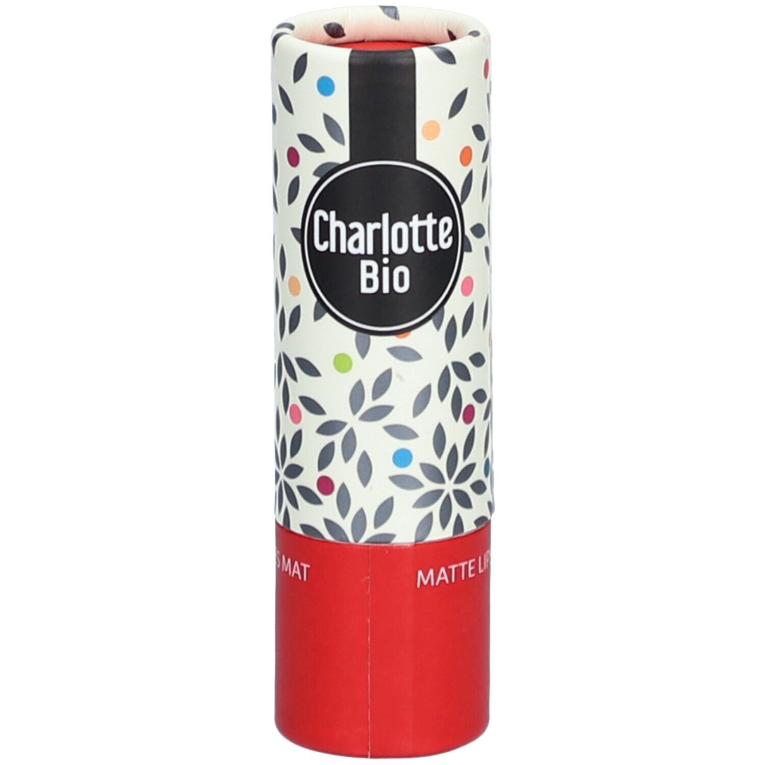 Emballage cylindrique avec motif floral et logo Charlotte Bio. Base rouge, bande noire, MATTE LIPS.