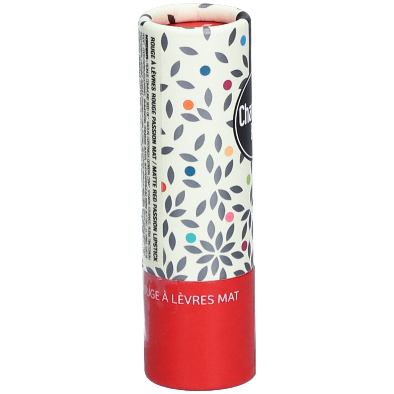 Emballage cylindrique avec motif floral et texte. Base rouge, texte: ROUGE À LÈVRES ROUGE PASSION MAT.