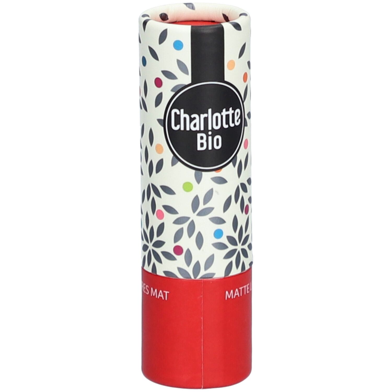 Emballage cylindrique avec motif floral et logo Charlotte Bio. Base rouge, bande noire, MATTE LIPS.