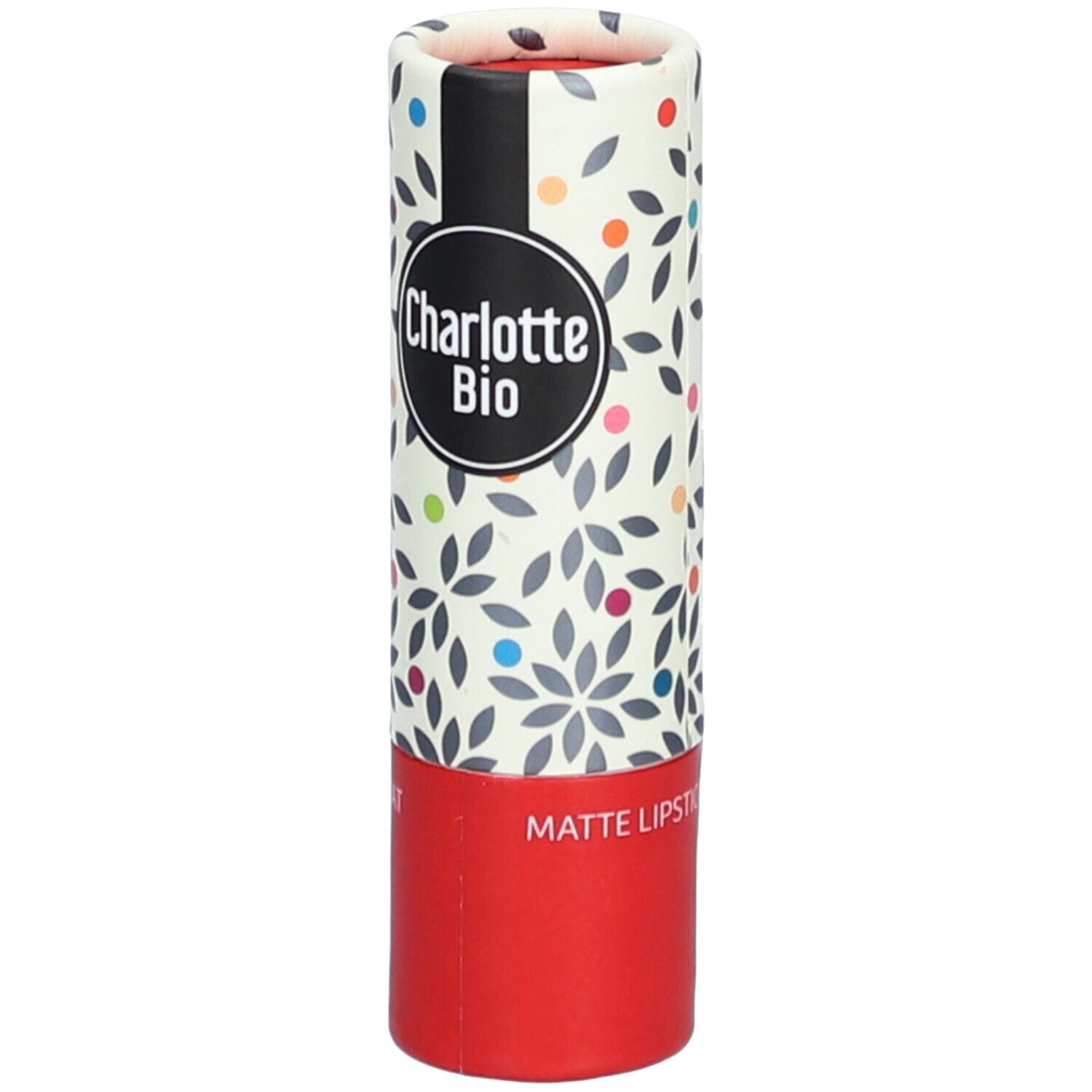 Emballage cylindrique avec motif floral et logo Charlotte Bio. Base rouge, bande noire, MATTE LIPS.