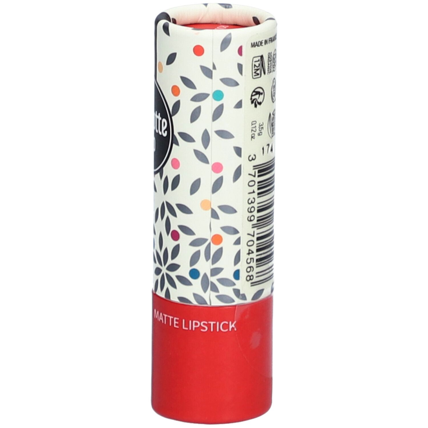 Emballage cylindrique avec motif floral, texte et logos. Base rouge, texte: MATTE LIPSTICK. Code-barres.