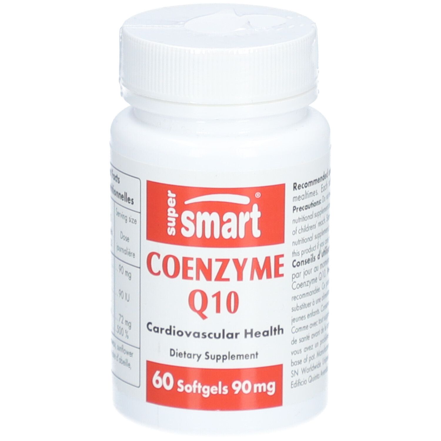 Flacon blanc avec étiquette rouge. Inscription: SuperSmart Coenzyme Q10, 60 gélules, 90 mg. Complément alimentaire.