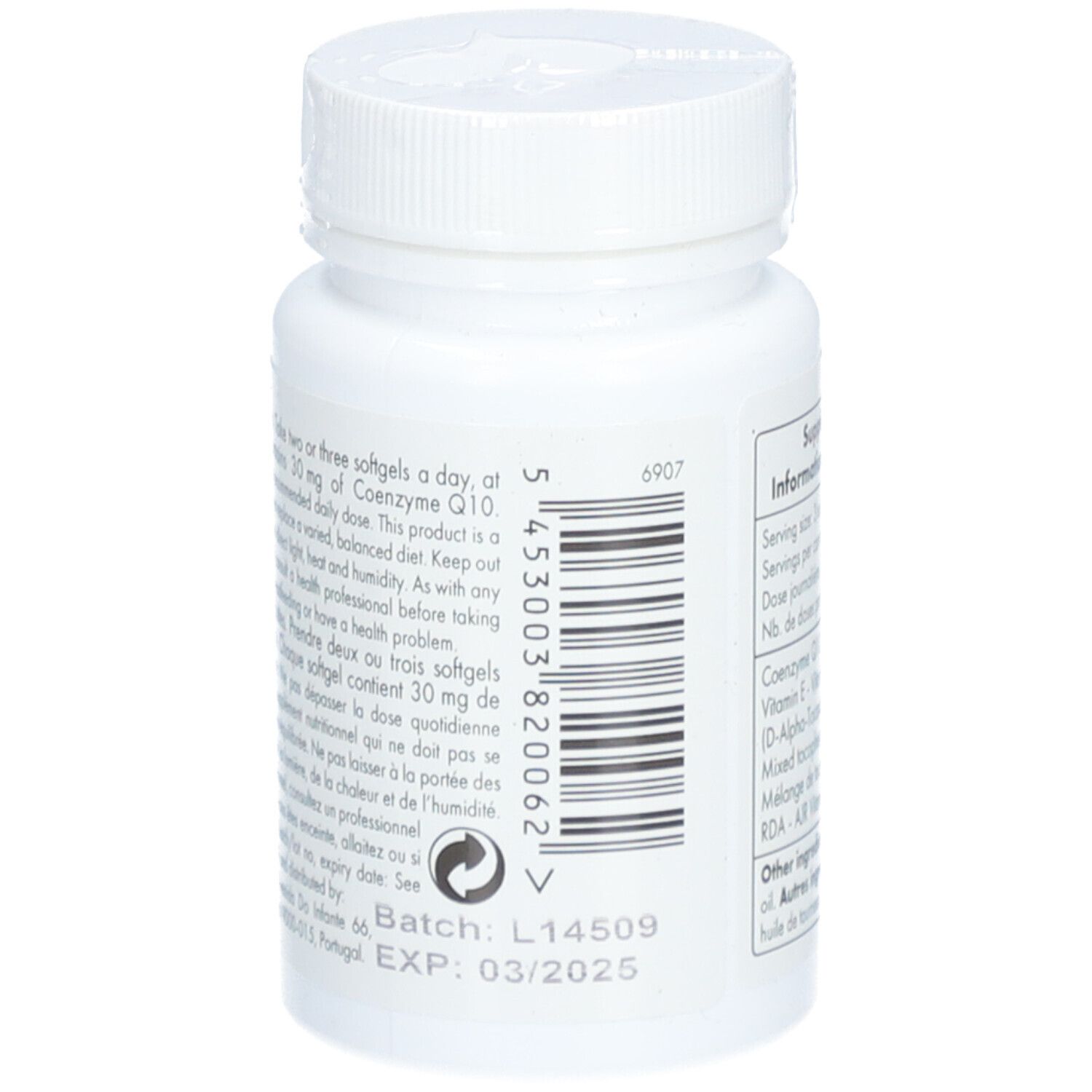 Flacon blanc avec texte. Inscription: Batch: L14509, EXP: 03/2025. Informations sur les ingrédients et le dosage.