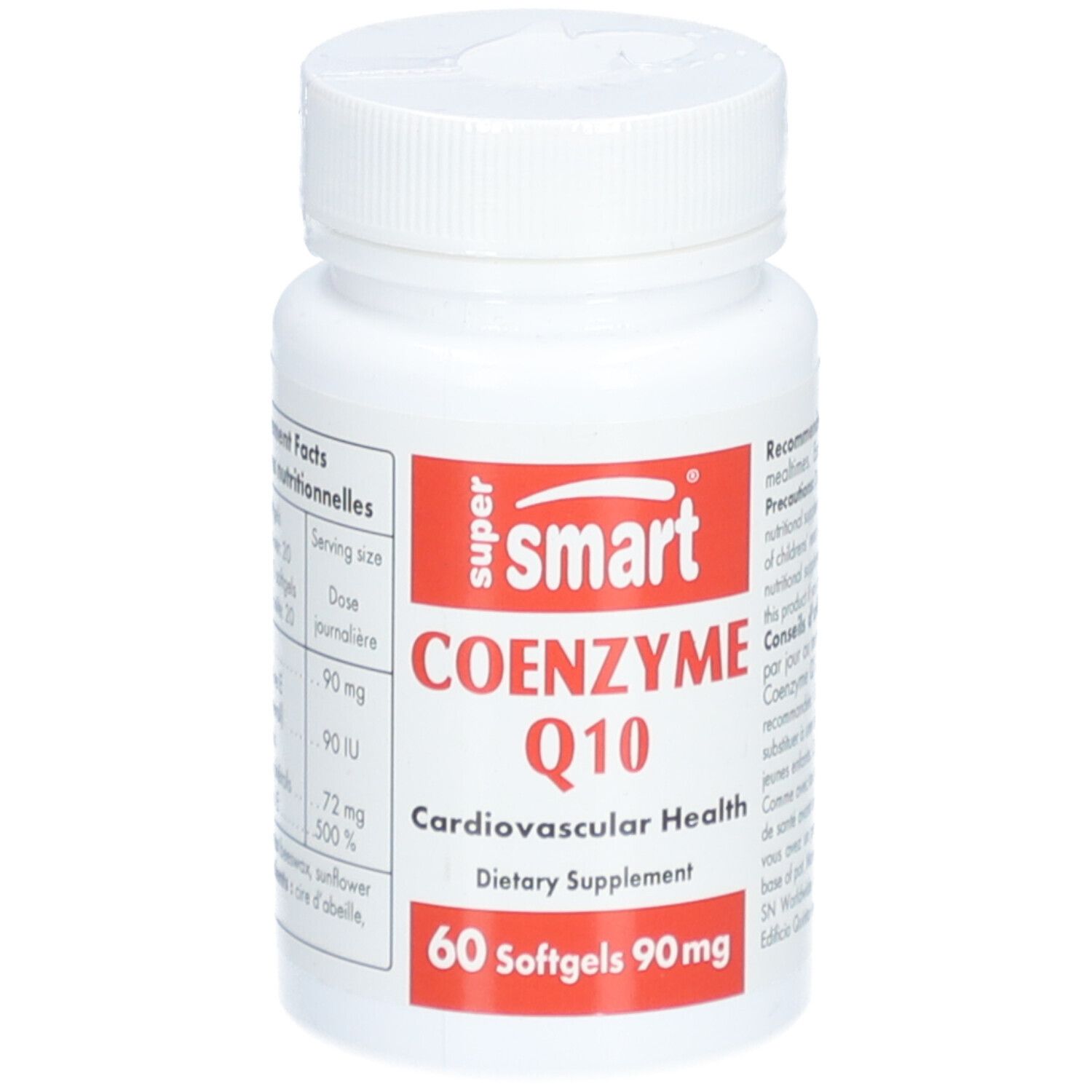 Flacon blanc avec étiquette rouge. Inscription: SuperSmart Coenzyme Q10, 60 gélules, 90 mg. Complément alimentaire.