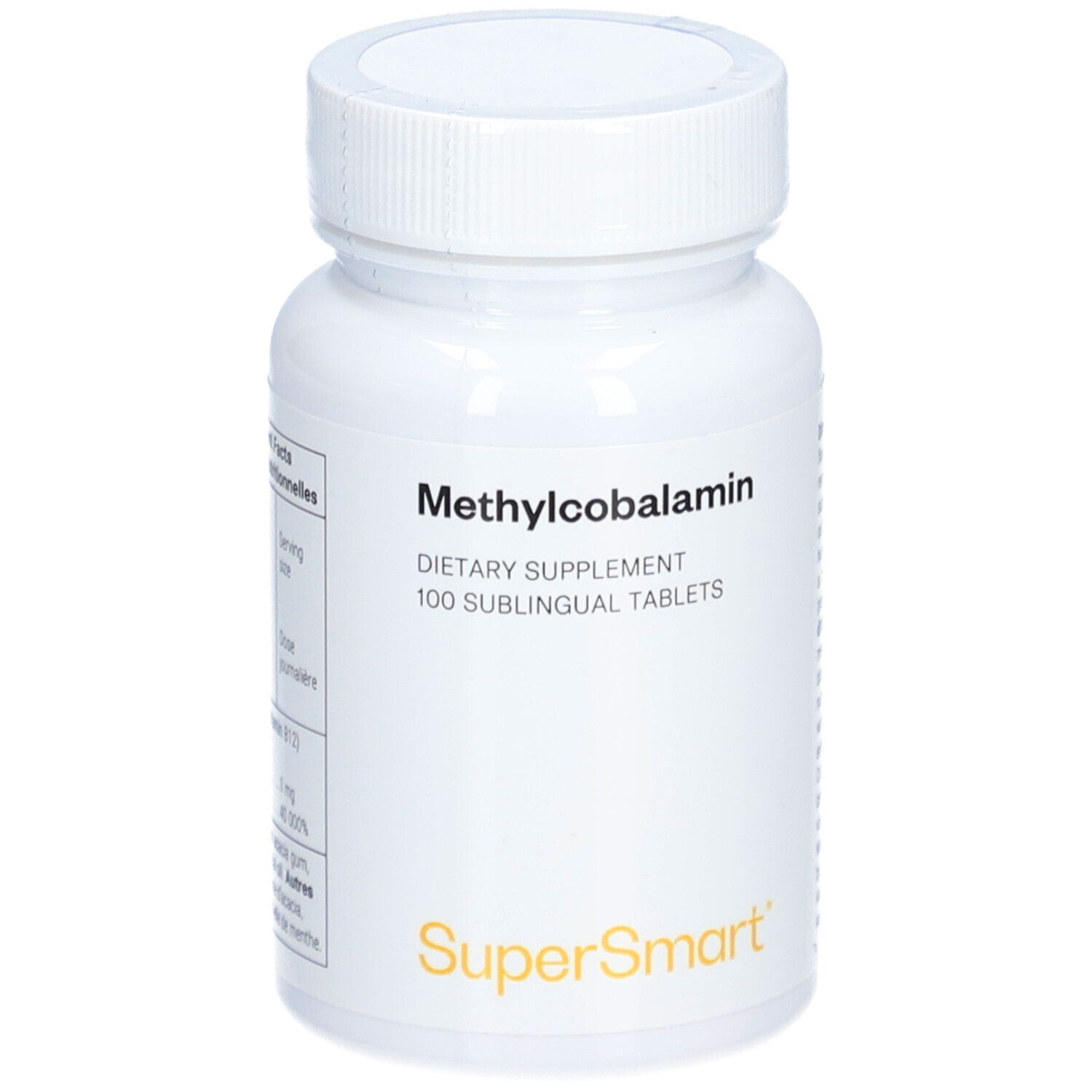 Flacon blanc à bouchon vissé. Inscription: Methylcobalamin, complément alimentaire, 100 comprimés sublinguaux. Logo: SuperSmart.