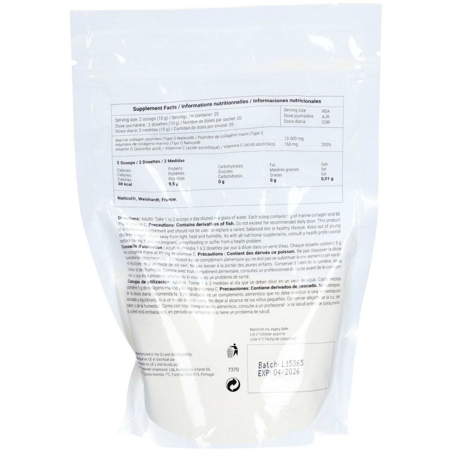 Dos du sachet de collagène marin. Contient des informations nutritionnelles et du texte. Emballage transparent.