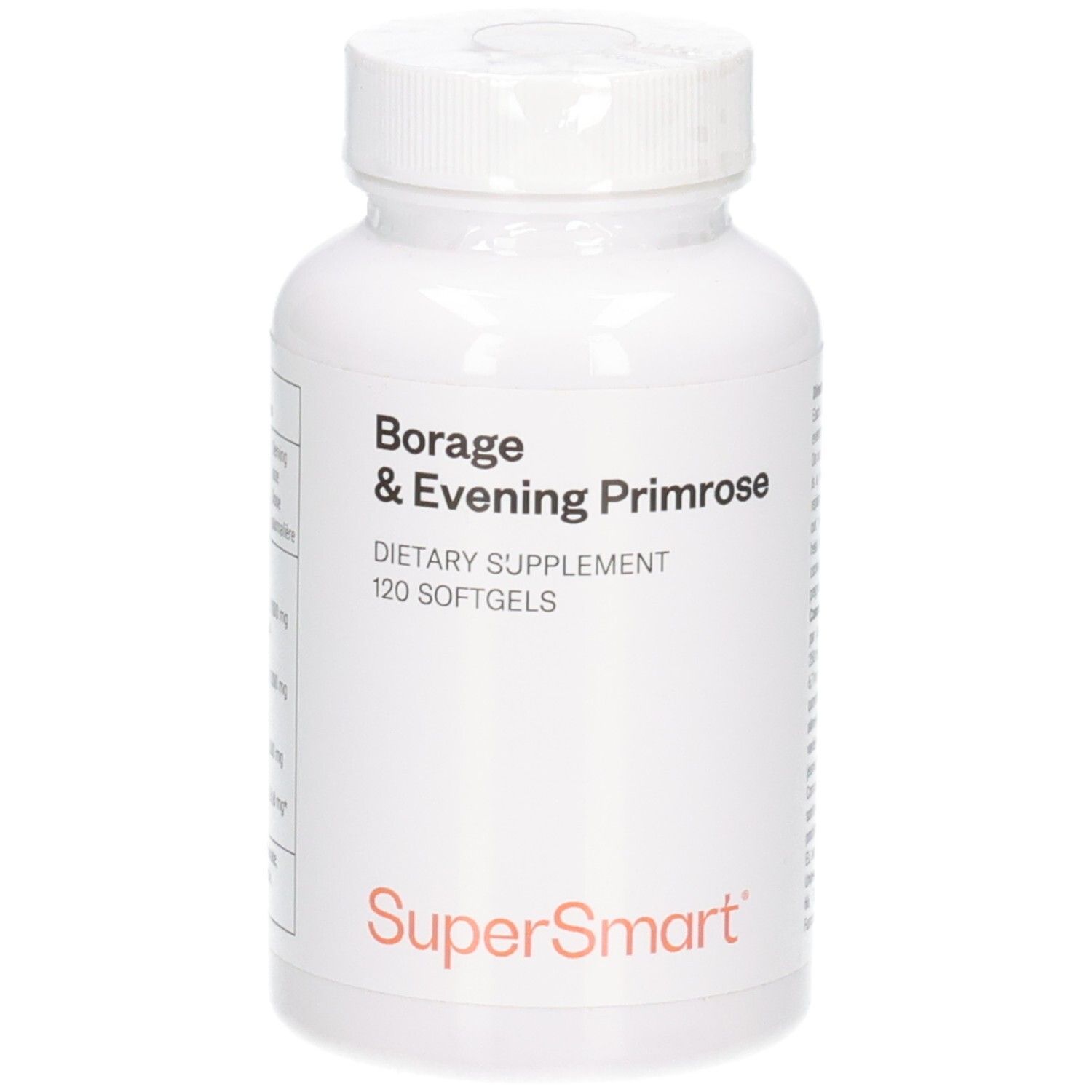 Bouteille blanche avec Borage & Evening Primrose Supplément alimentaire, 120 gélules molles.