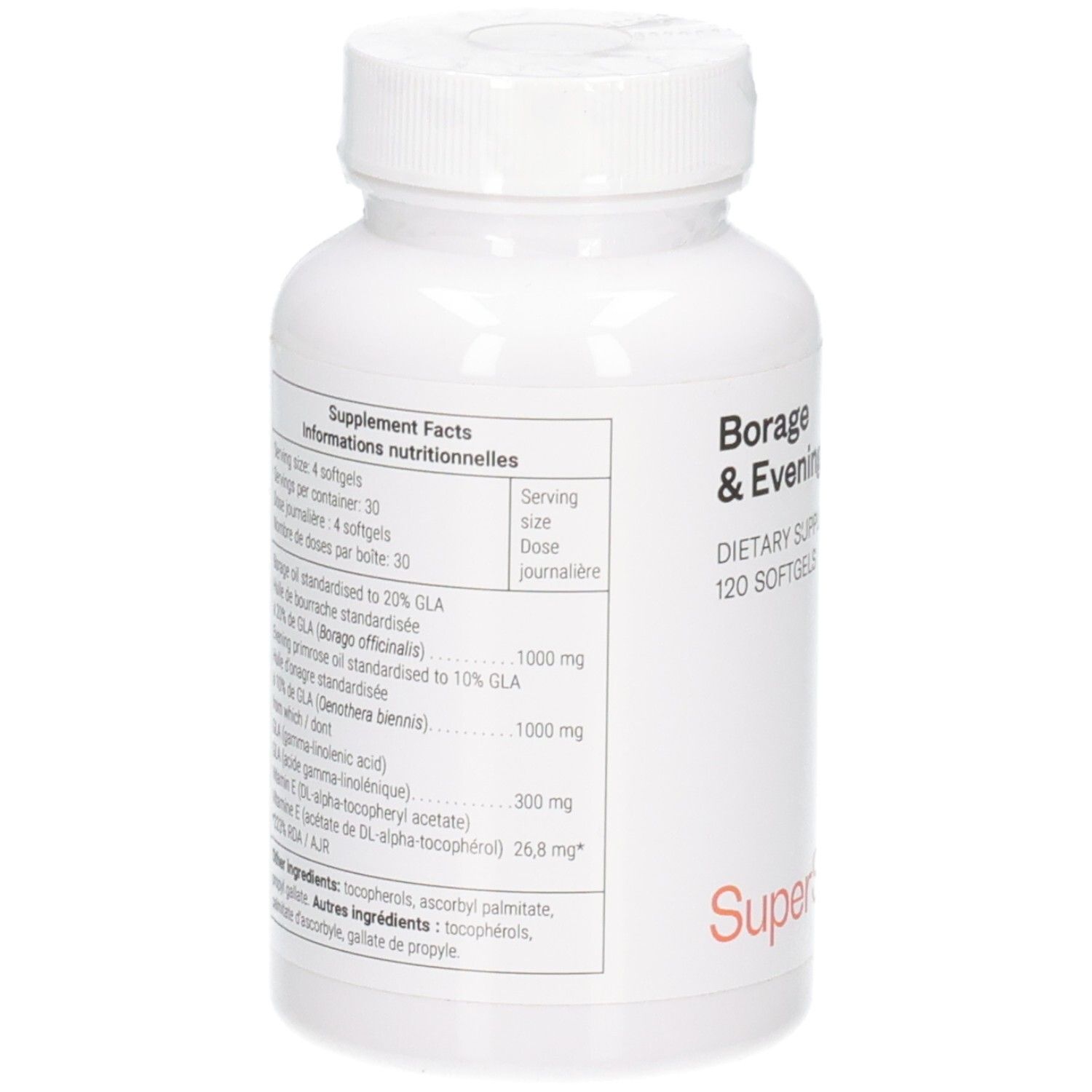 Arrière de la bouteille avec informations nutritionnelles pour Borage & Evening Primrose, 120 gélules molles.