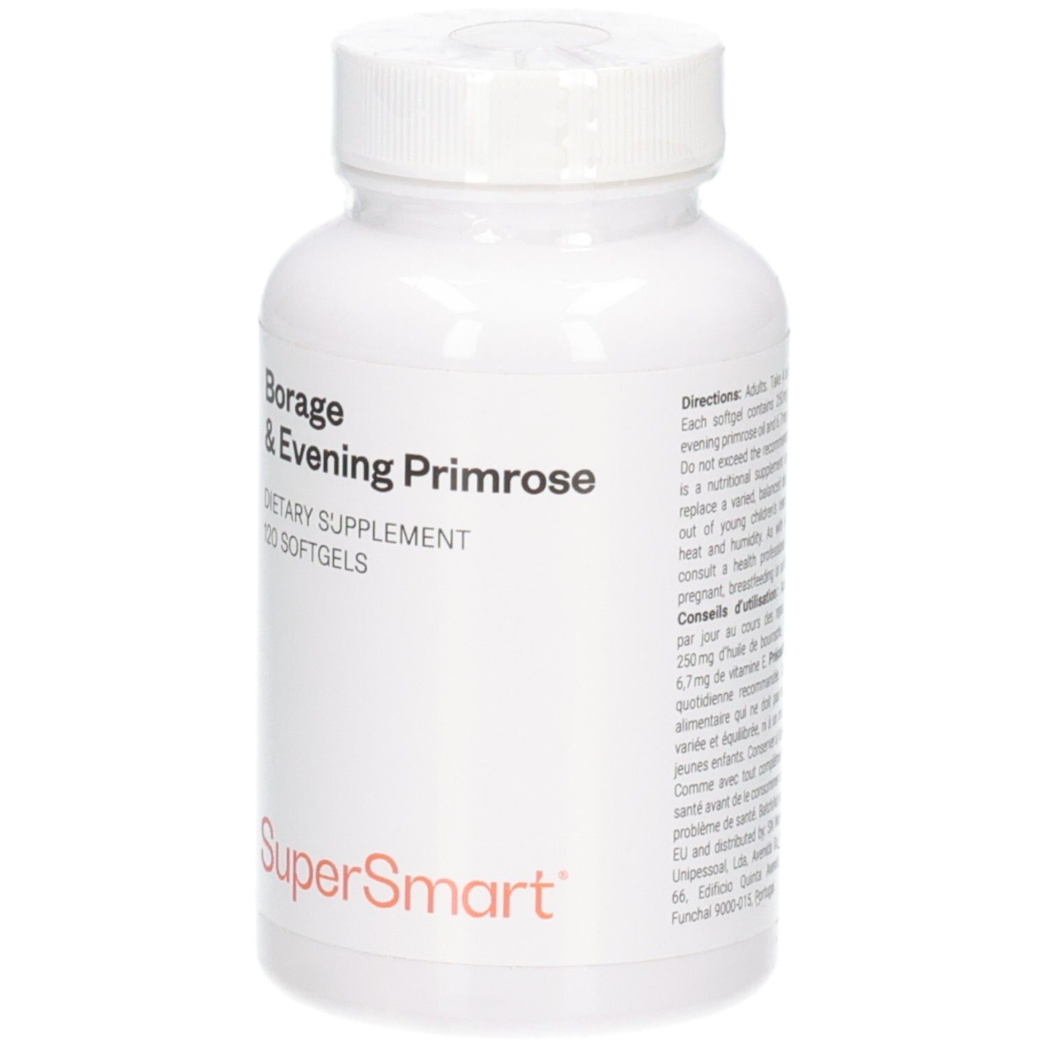Avant de la bouteille avec Borage & Evening Primrose, 120 gélules molles et logo SuperSmart.
