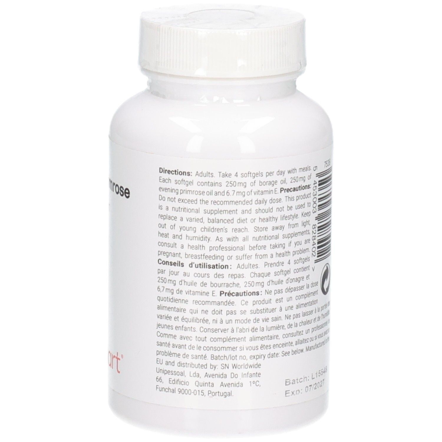Arrière de la bouteille avec instructions d'utilisation pour Borage & Evening Primrose, 120 gélules molles.