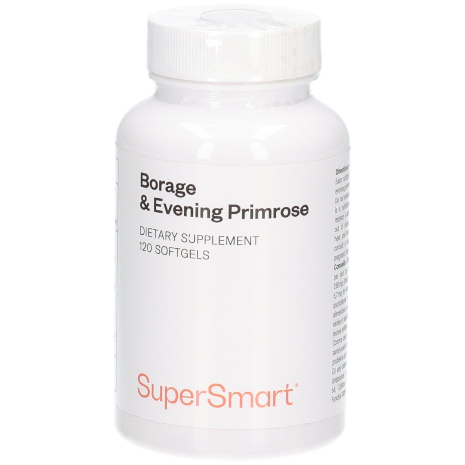 Bouteille blanche avec Borage & Evening Primrose Supplément alimentaire, 120 gélules molles.