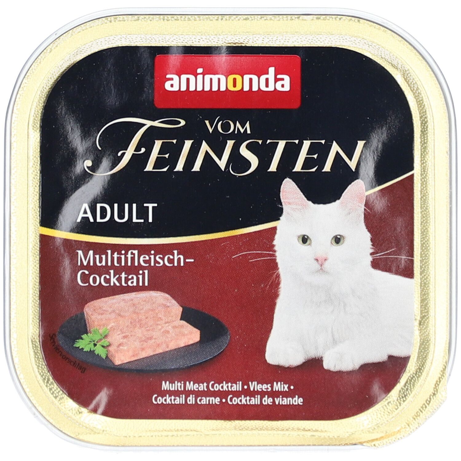 Animonda Vom Feinsten Adult Multifleisch-Cocktail. Chat, nourriture en barquette. Texte: Multi Meat Cocktail.