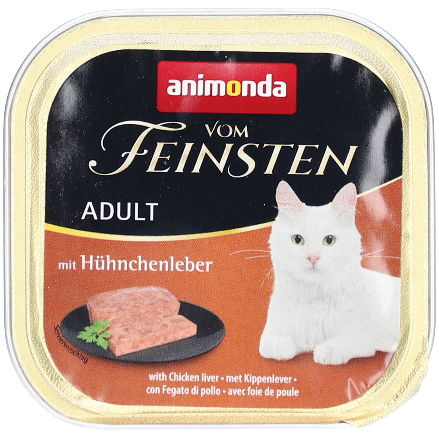 Nourriture pour chat Animonda Vom Feinsten Adulte au foie de poulet en barquette rectangulaire.