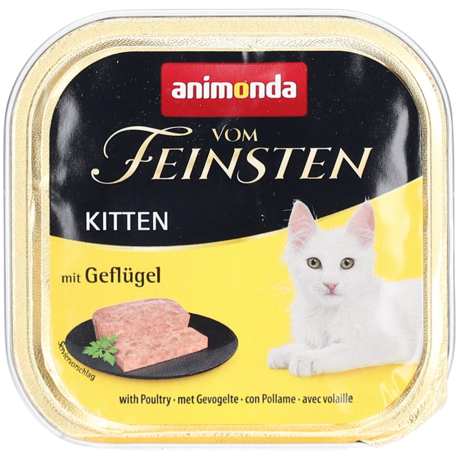 Emballage animonda Vom Feinsten Kitten mit Geflügel. Étiquette noire avec image du produit et chaton. Logo rouge.