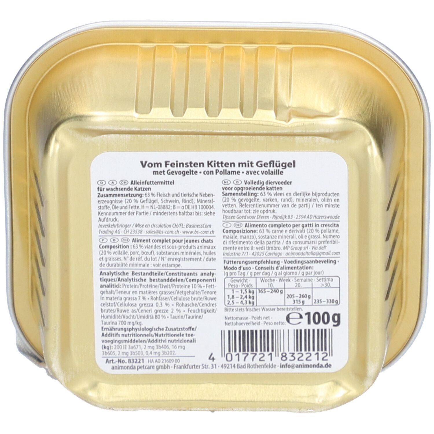 Dos de l'emballage animonda Vom Feinsten Kitten mit Geflügel. Barquette dorée avec texte et informations nutritionnelles.