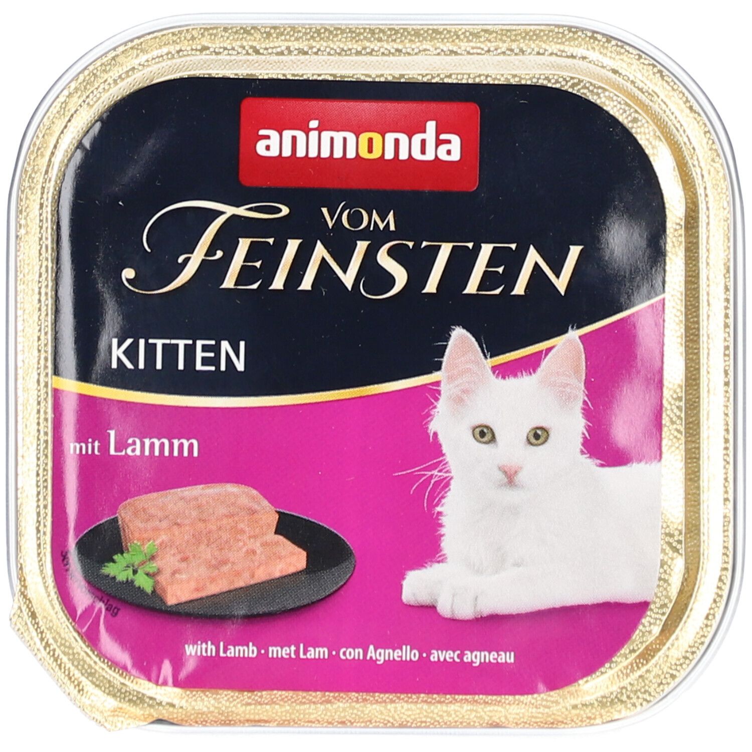 Barquette de nourriture pour chat avec image du produit et chat. Texte : animonda Vom Feinsten Kitten mit Lamm.