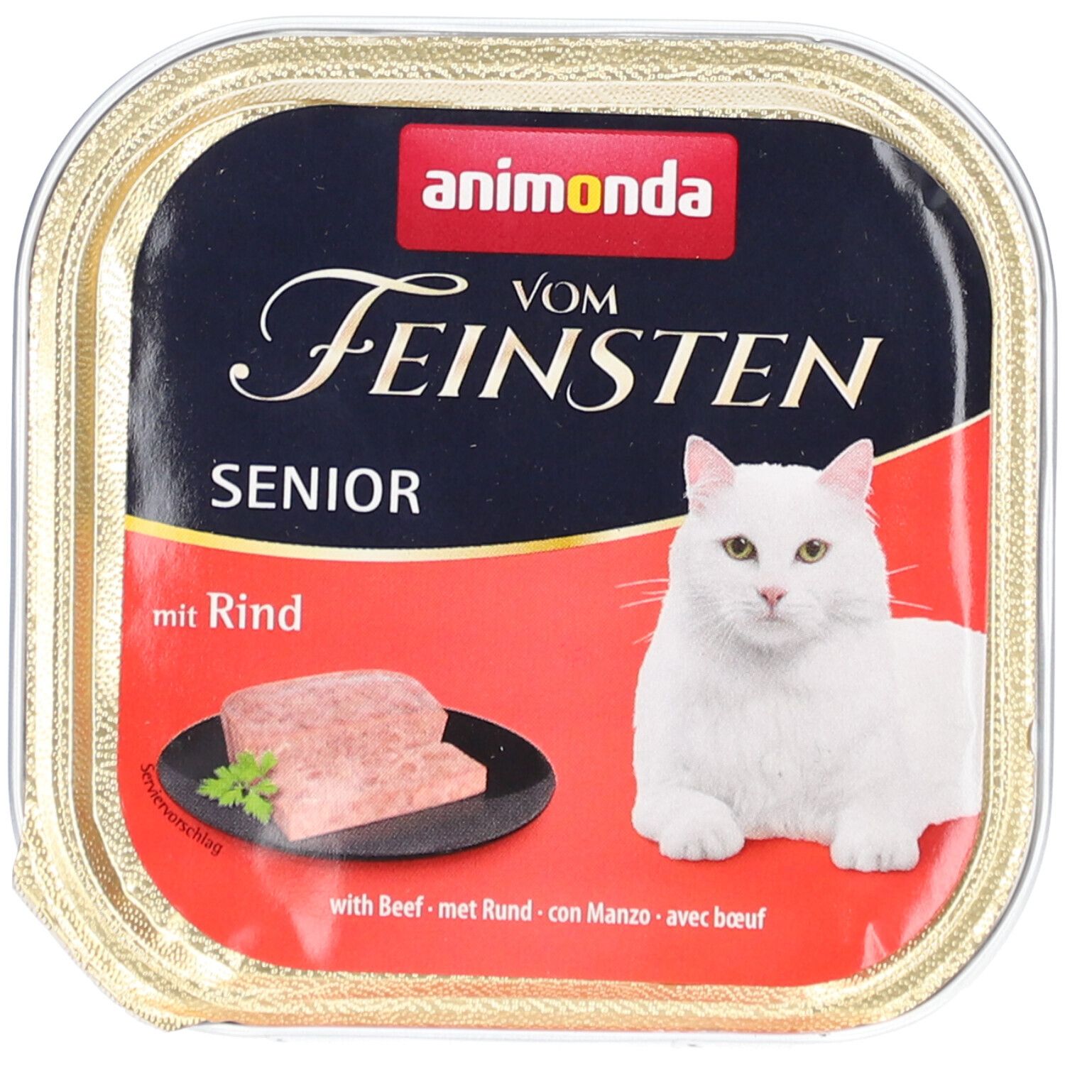 Animonda Vom Feinsten Senior mit Rind. Aliment pour chats en barquette. Boeuf et chat blanc. Texte: Senior, avec boeuf.