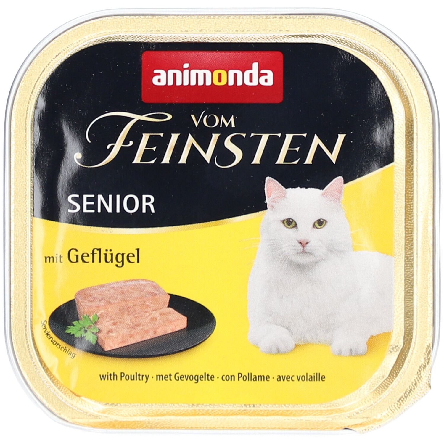 Nourriture pour chat Animonda Vom Feinsten Senior volaille dans une barquette rectangulaire.