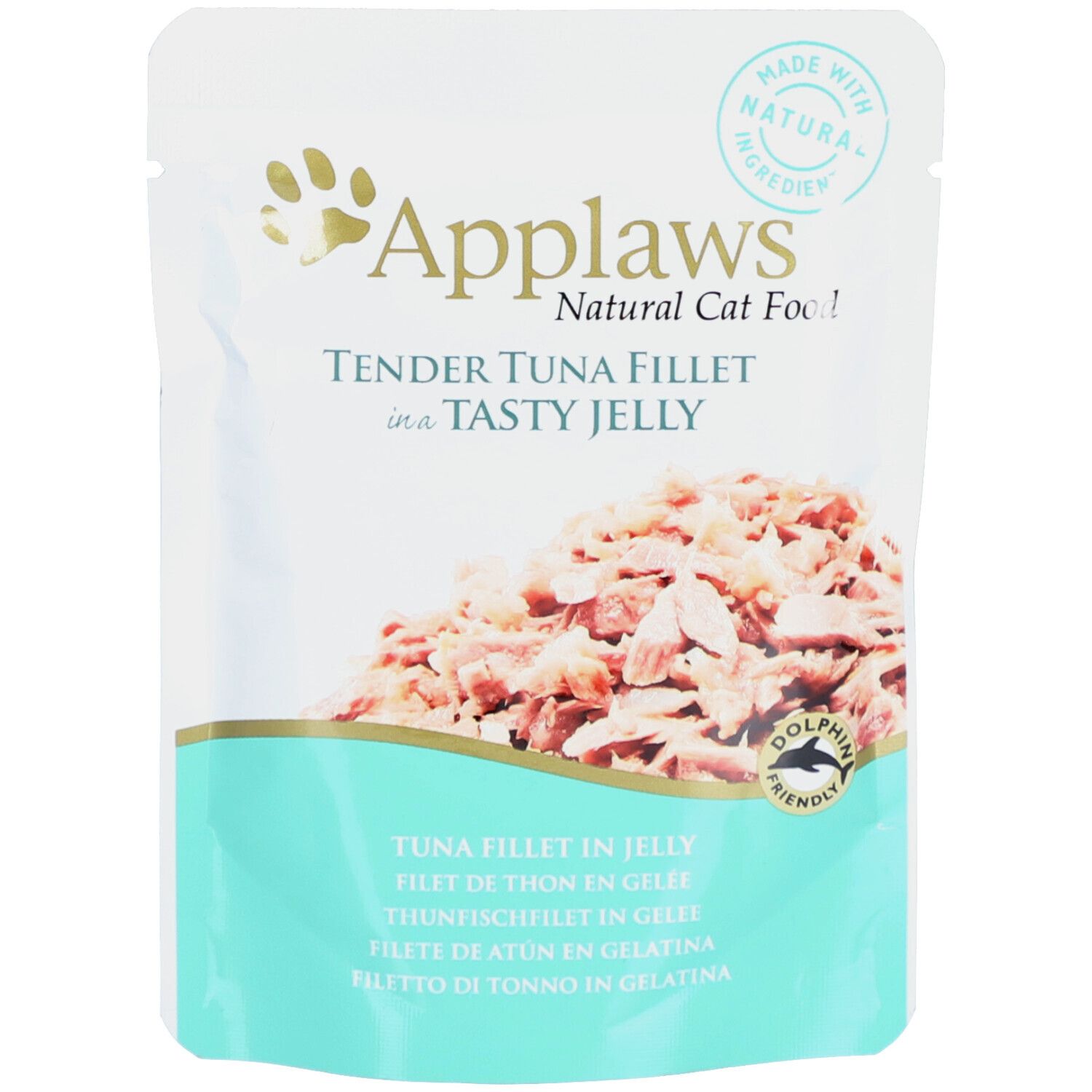 Emballage Applaws™ TUNA FILLET en gelée. Face avant avec nom du produit, logo et contenu. Label "Dolphin Friendly".