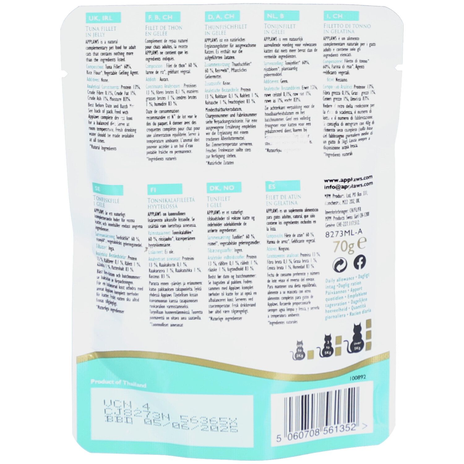 Dos de l'emballage Applaws™ TUNA FILLET en gelée. Texte multilingue, informations nutritionnelles, code-barres et logo.