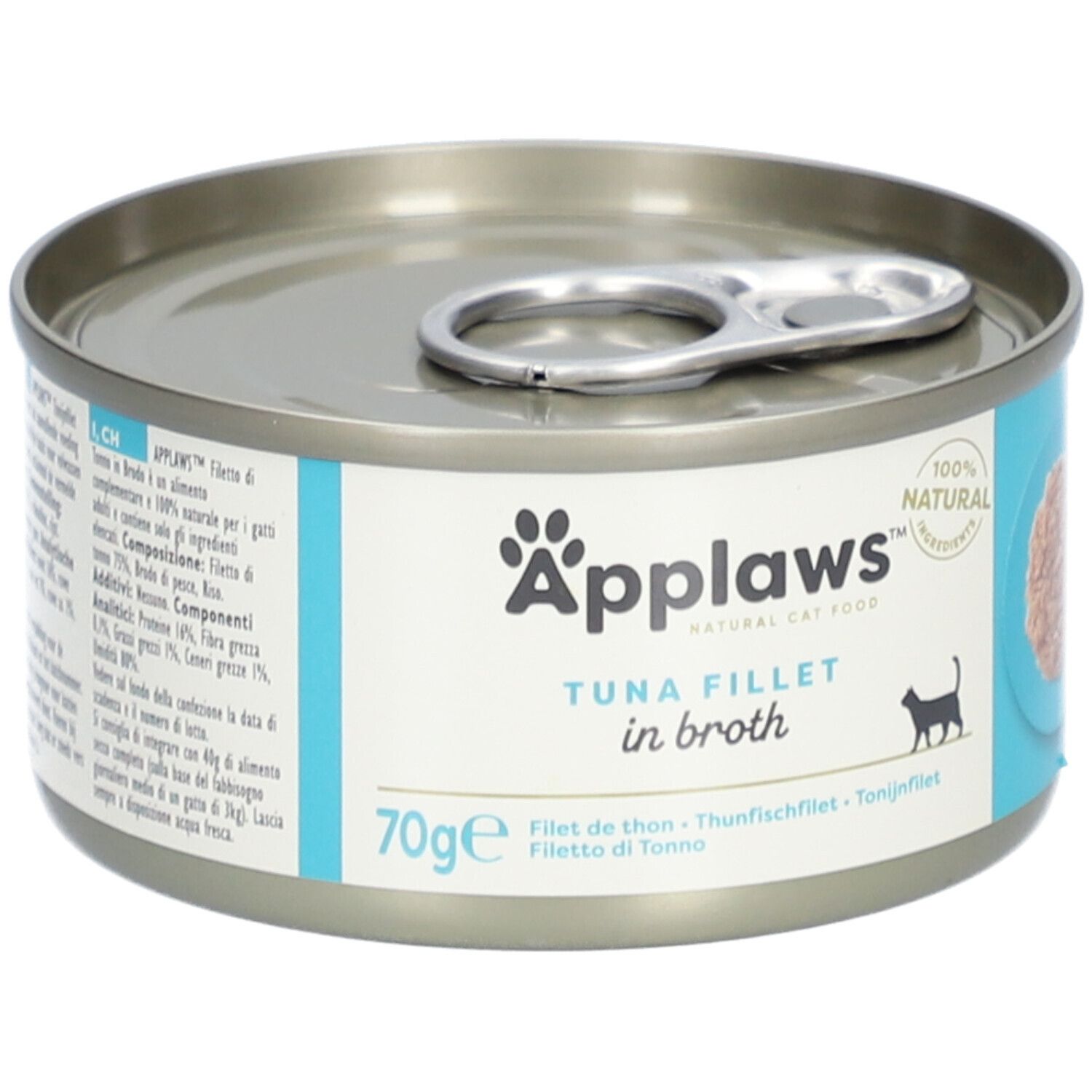 Nourriture pour chats Applaws : Filet de thon en bouillon, boîte de 70g avec languette d'ouverture et étiquette.